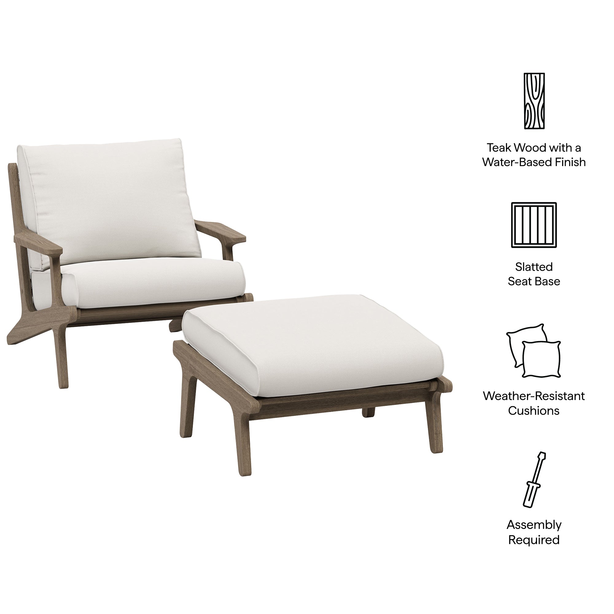 Saratoga Outdoor Patio Teak Wood Chair and Ottoman Set, Weathered Gray White