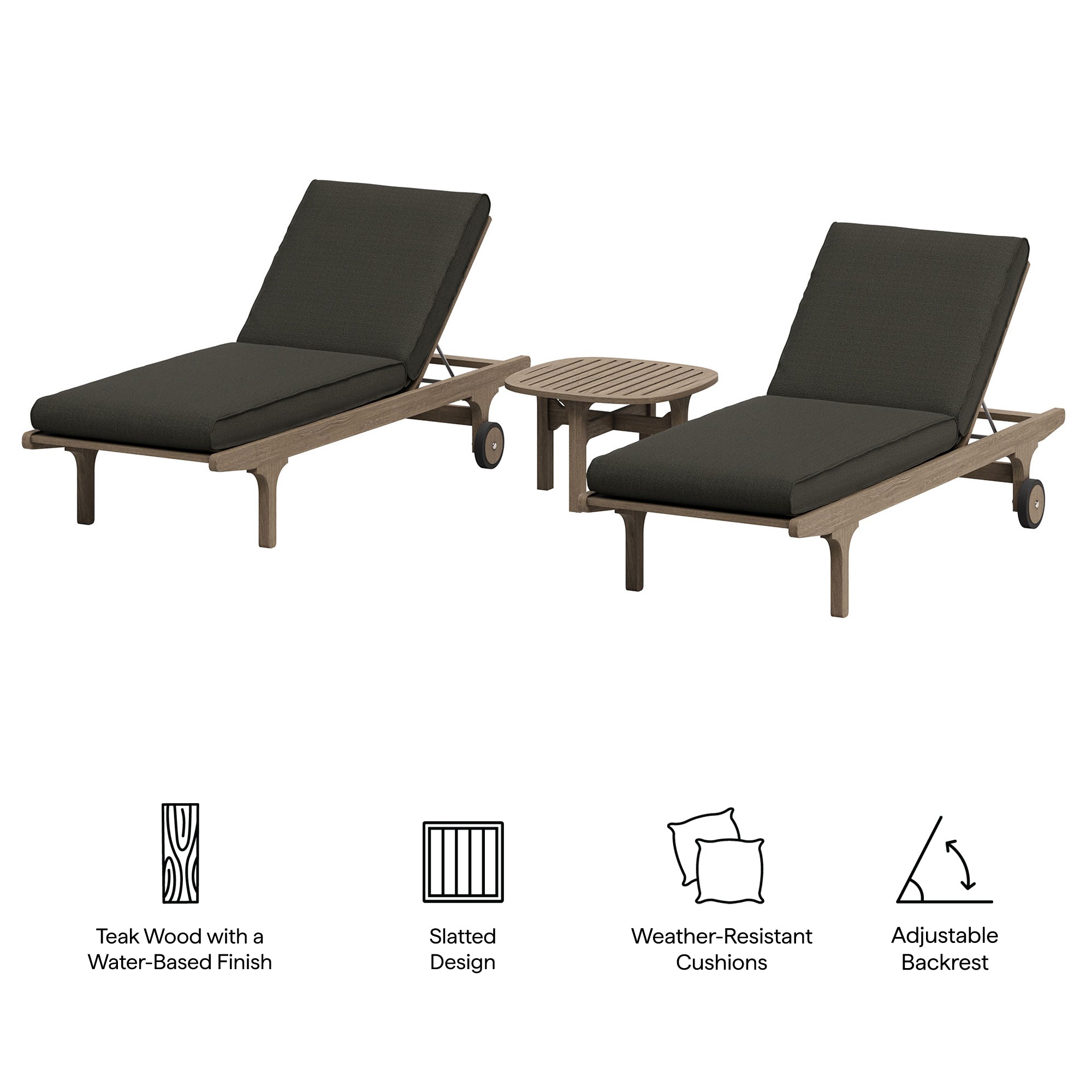 Saratoga Outdoor Patio Teak Wood 3-Piece Chaise Lounge Furniture Set, Flint Gray