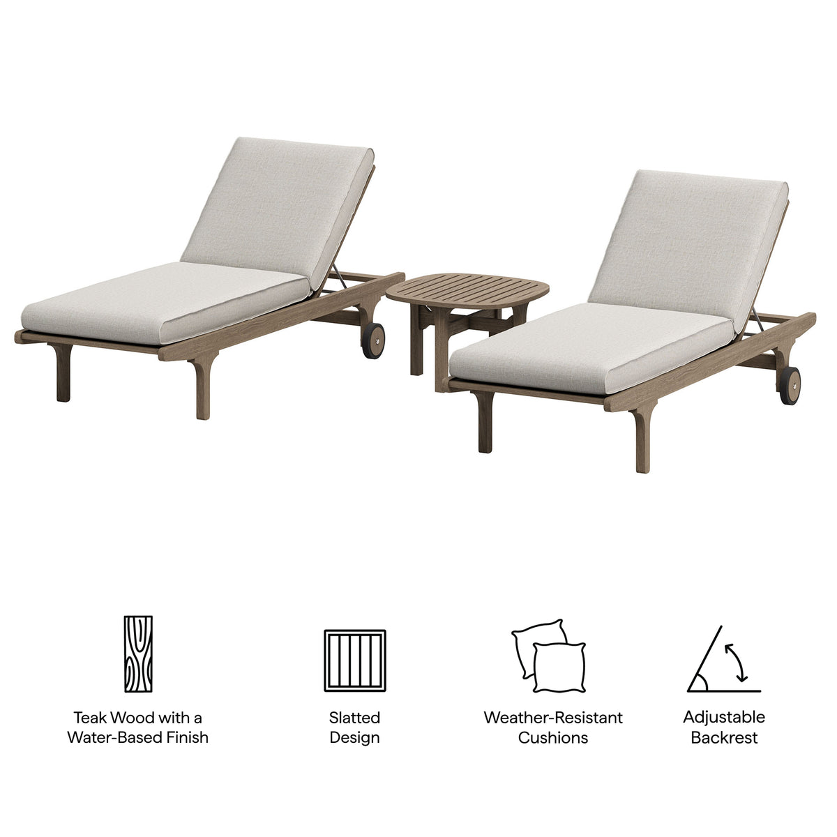 Saratoga Outdoor Patio Teak Wood 3-Piece Chaise Lounge Furniture Set, Pebble