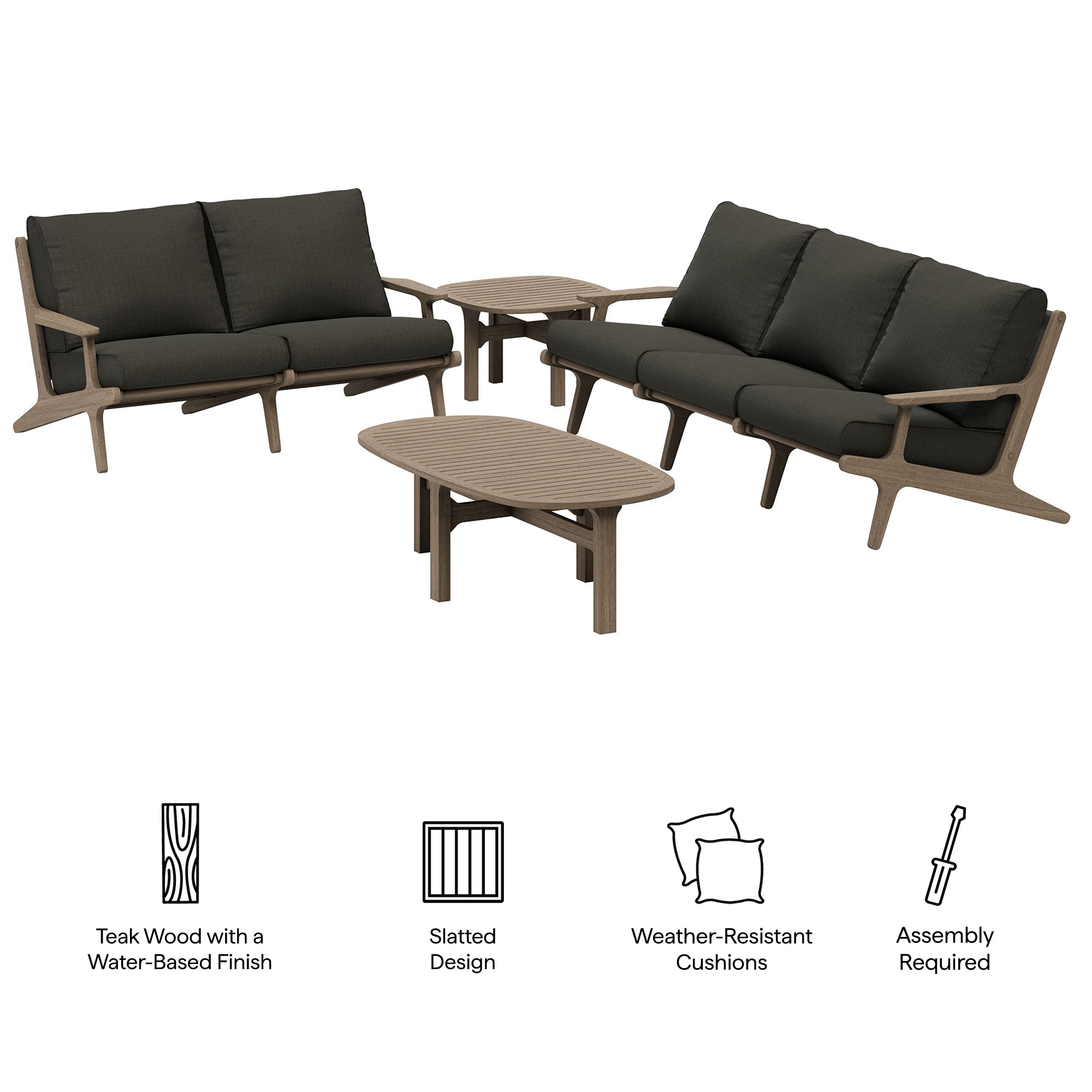 Saratoga 4-Piece Outdoor Patio Teak Wood Furniture Set, Flint Gray