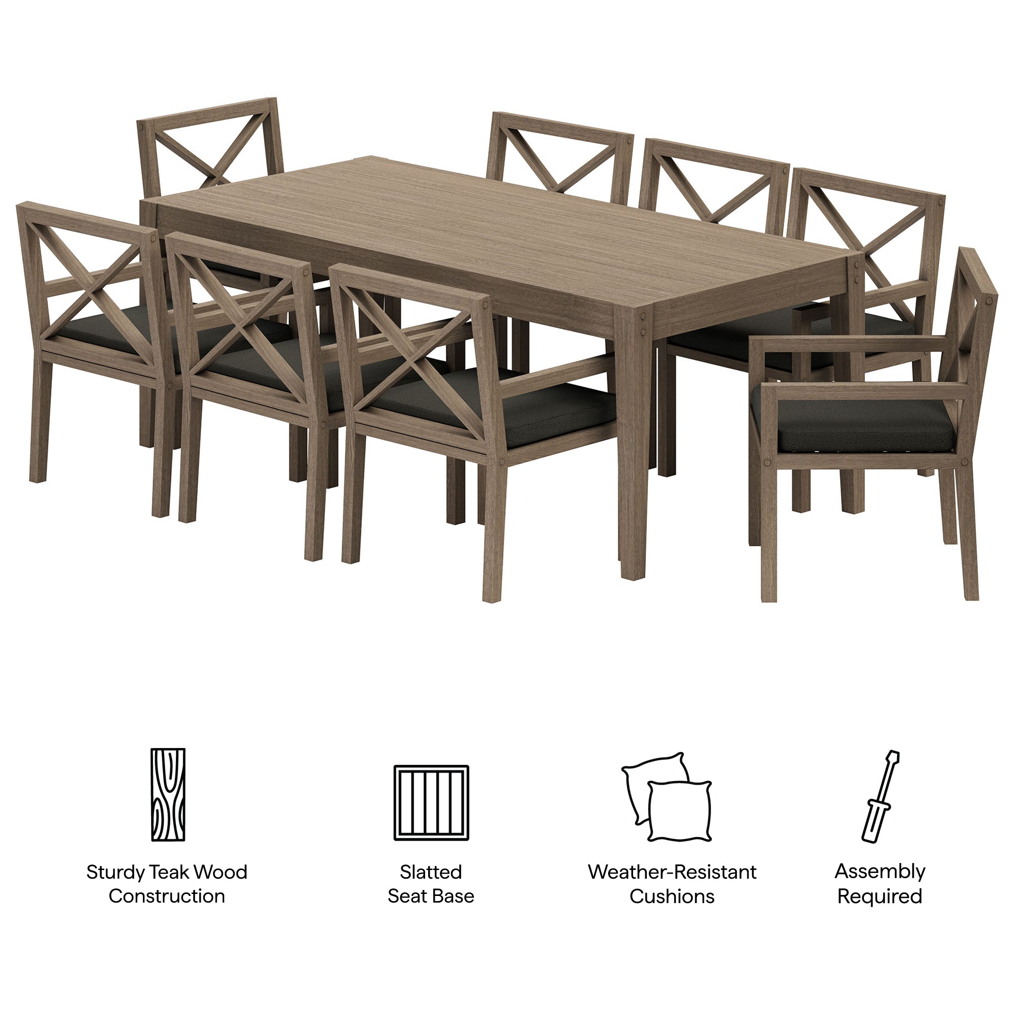 Northlake 9-Piece Outdoor Patio Teak Wood Dining Set, Flint Gray