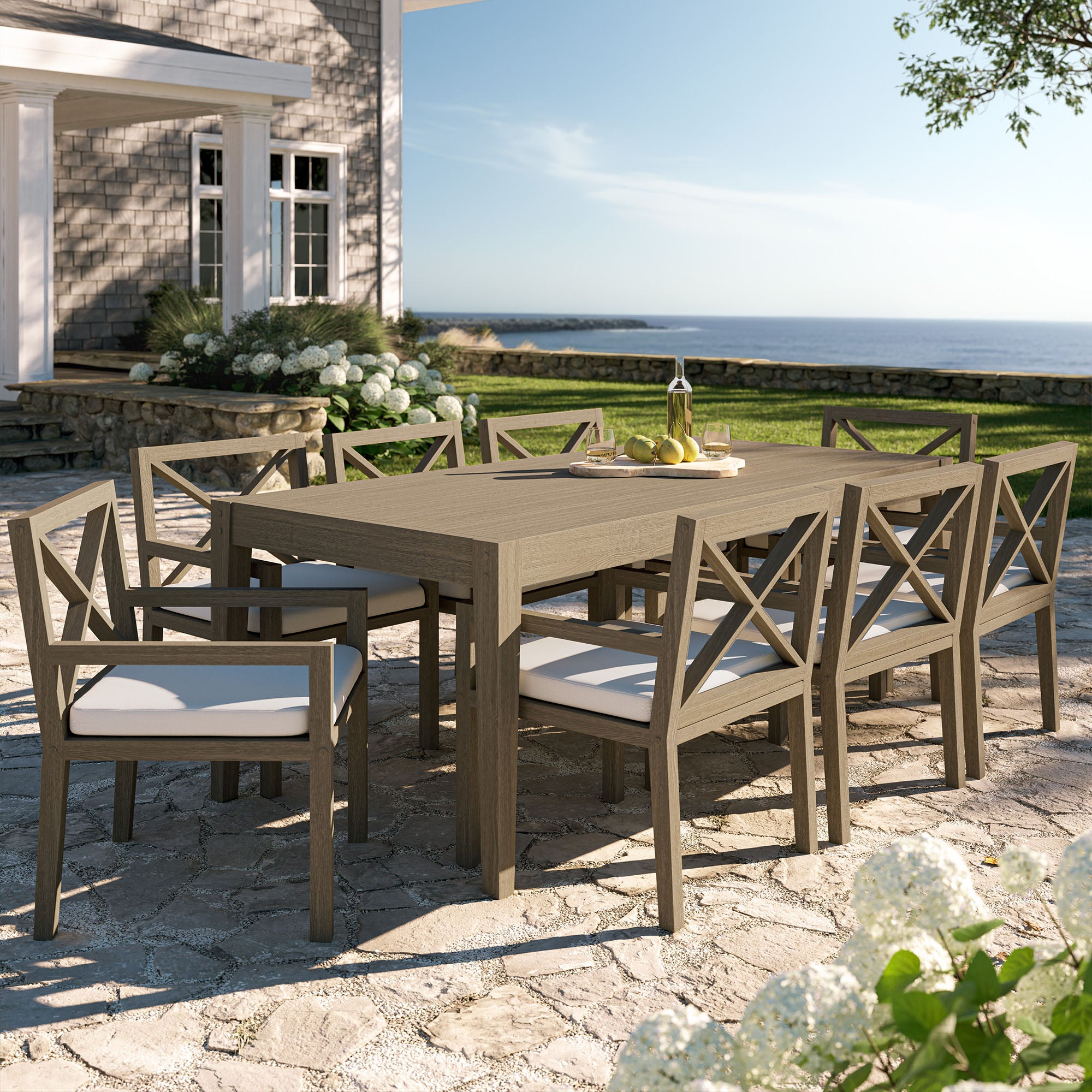 Northlake 9-Piece Outdoor Patio Teak Wood Dining Set, Weathered Gray