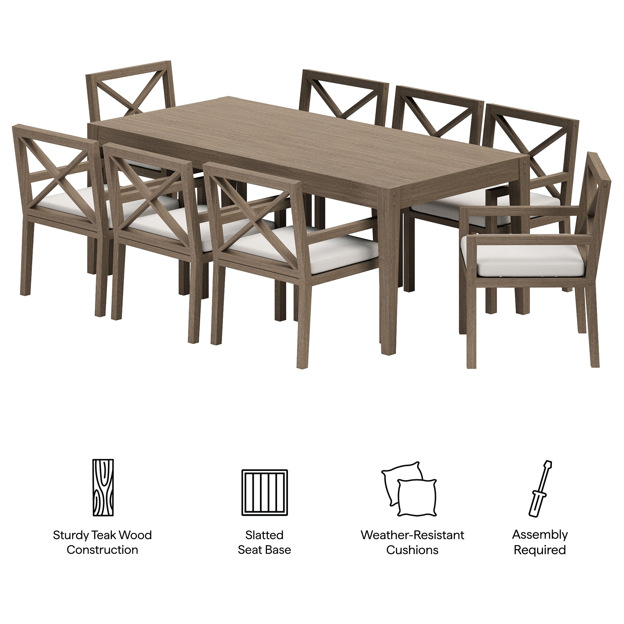Northlake 9-Piece Outdoor Patio Teak Wood Dining Set, Weathered Gray