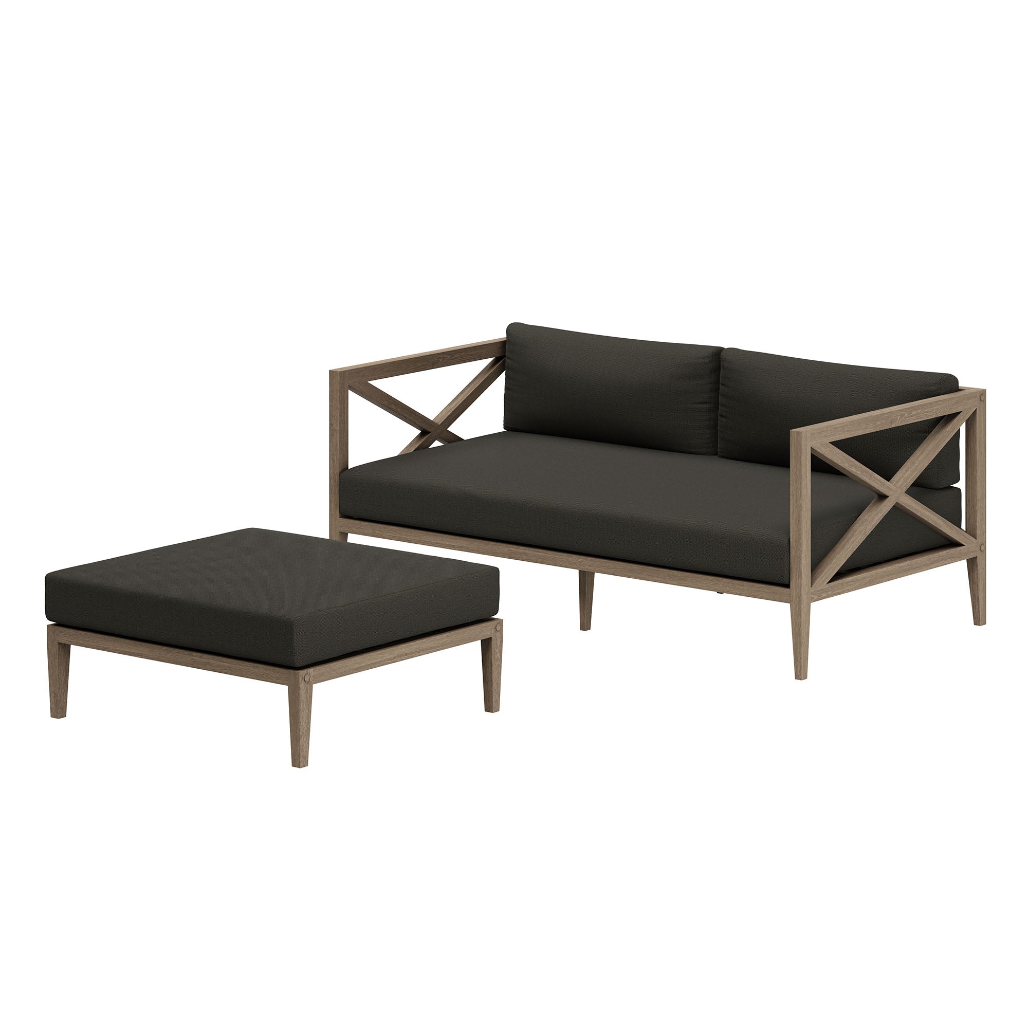 Northlake Outdoor Patio Teak Wood Loveseat and Ottoman Set, Flint Gray