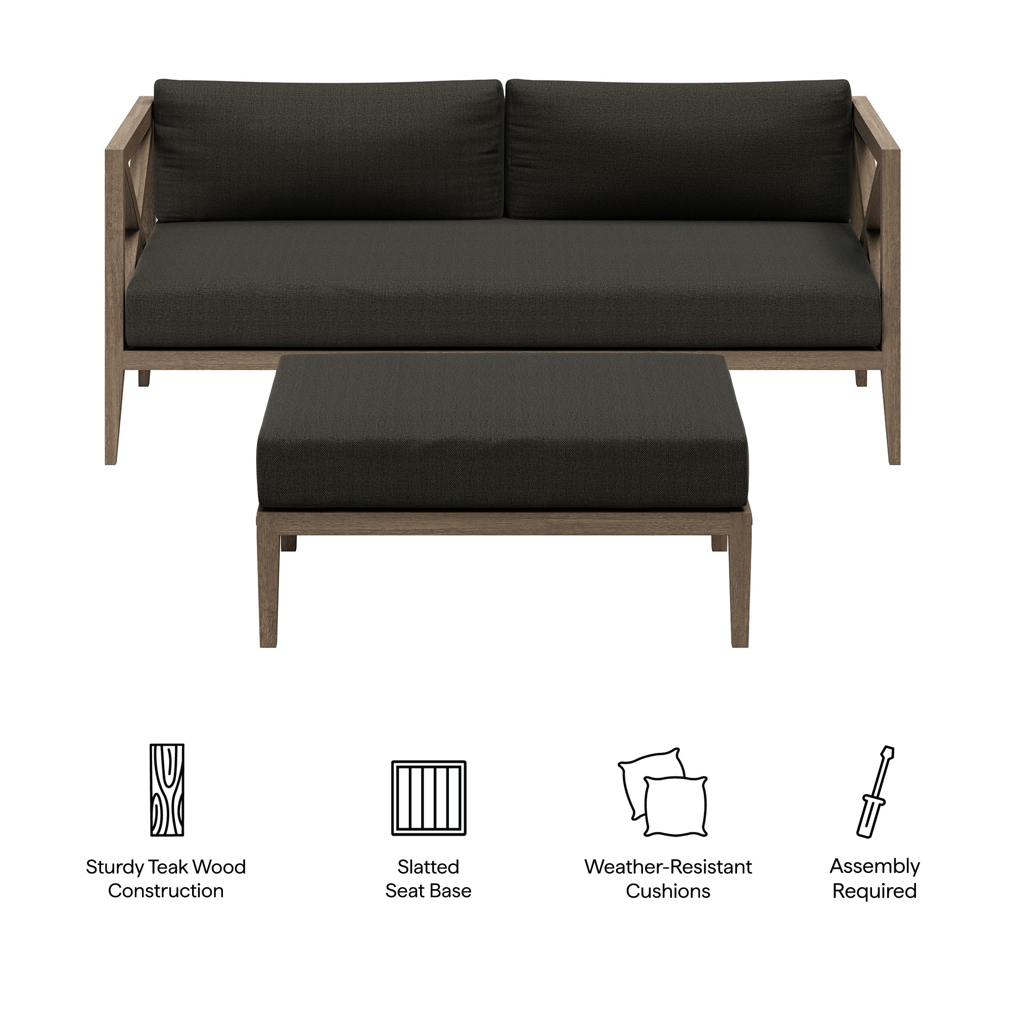 Northlake Outdoor Patio Teak Wood Loveseat and Ottoman Set, Flint Gray