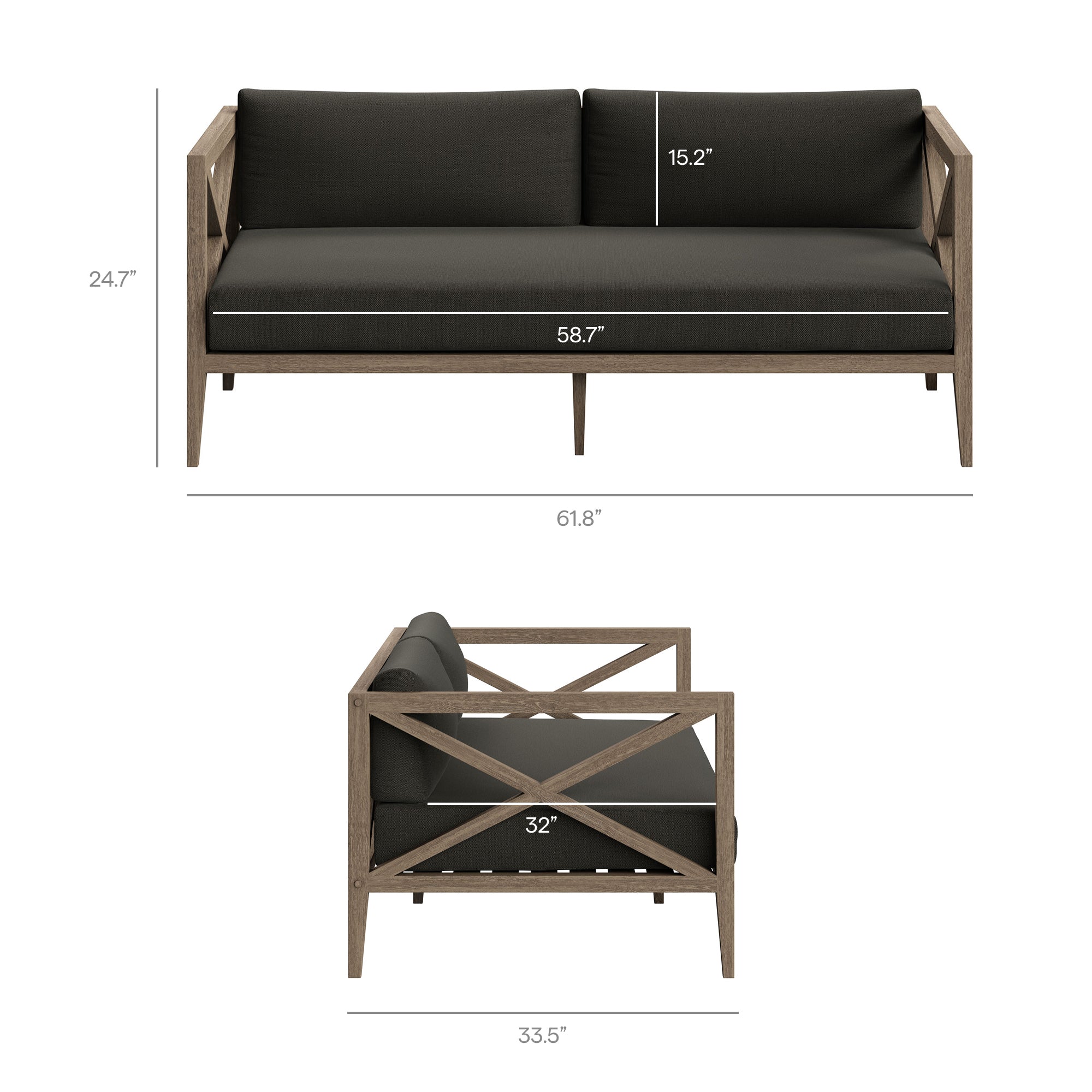 Northlake Outdoor Patio Teak Wood Loveseat and Ottoman Set, Flint Gray