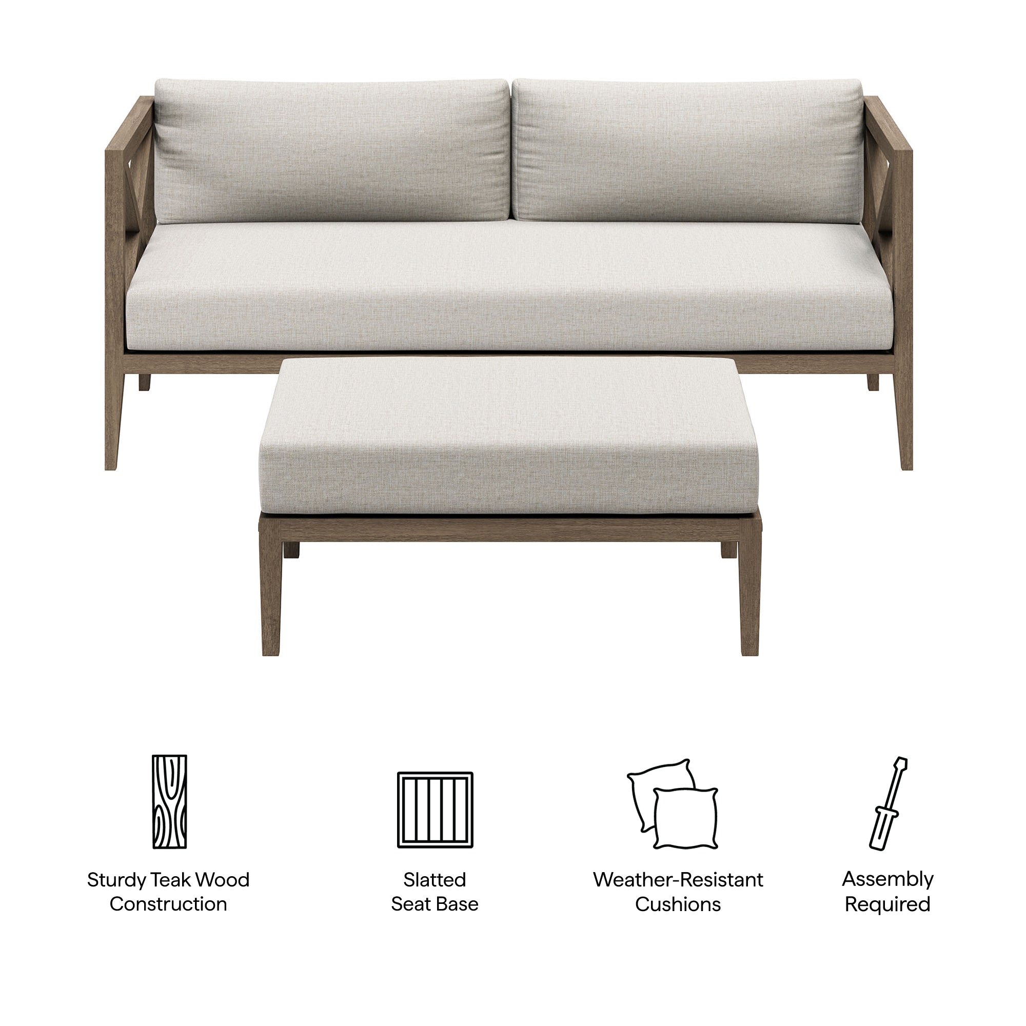 Northlake Outdoor Patio Teak Wood Loveseat and Ottoman Set, Pebble