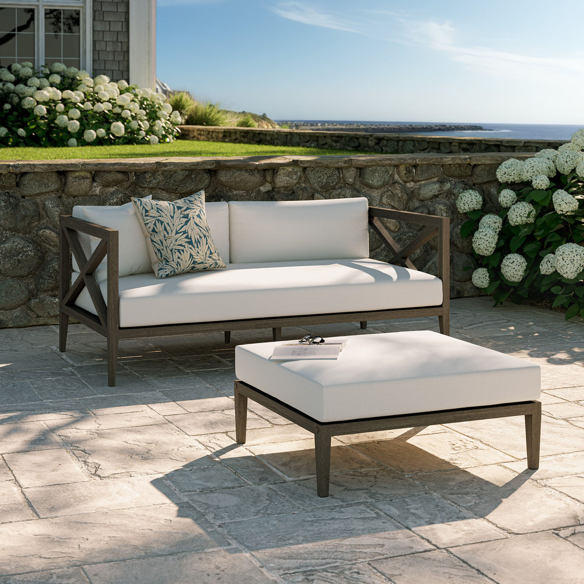 Northlake Outdoor Patio Teak Wood Loveseat and Ottoman Set, Weathered Gray