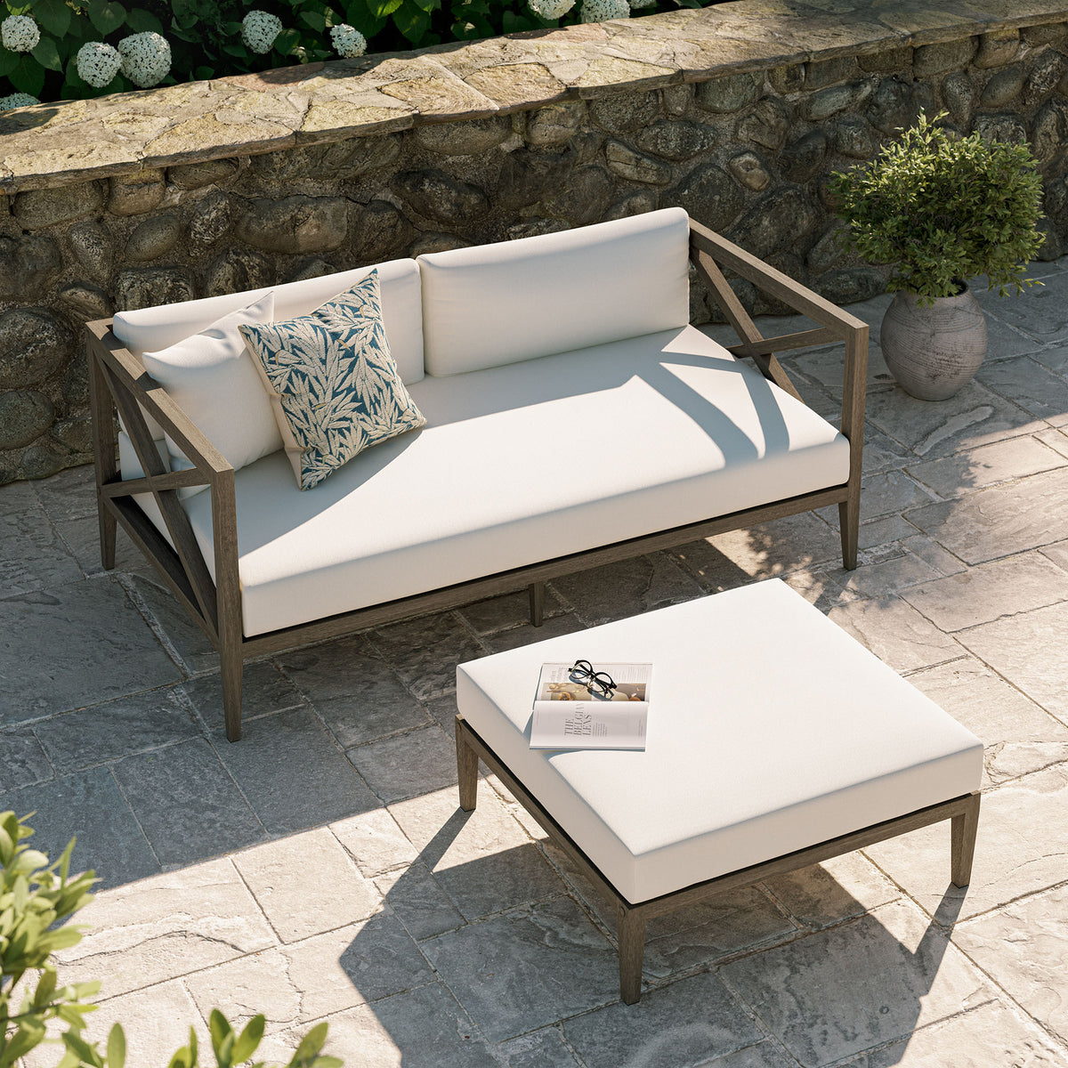 Northlake Outdoor Patio Teak Wood Loveseat and Ottoman Set, Weathered Gray