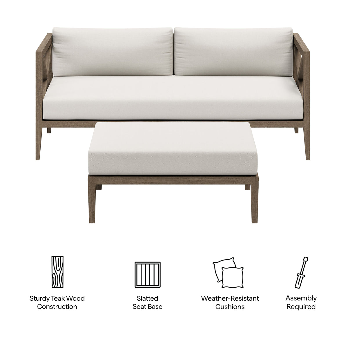 Northlake Outdoor Patio Teak Wood Loveseat and Ottoman Set, Weathered Gray