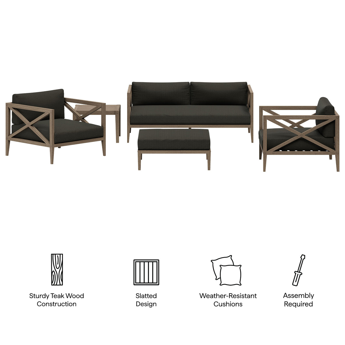 Northlake 5-Piece Outdoor Patio Teak Wood Furniture Set, Flint Gray