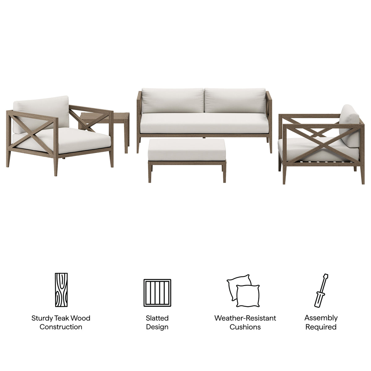 Northlake 5-Piece Outdoor Patio Teak Wood Furniture Set, Weathered Gray