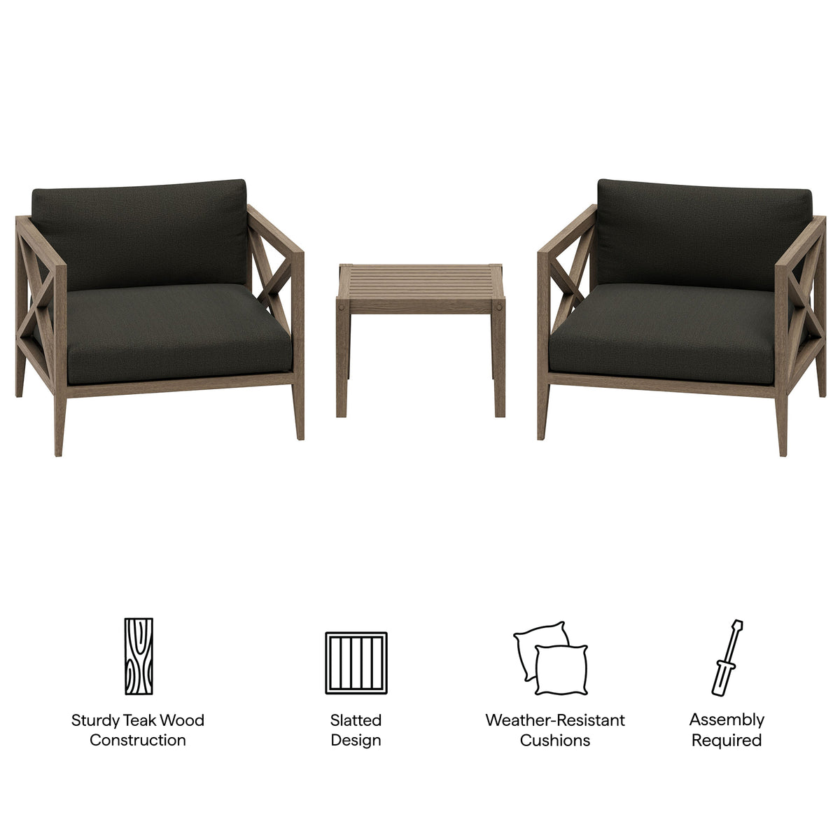 Northlake 3-Piece Outdoor Patio Teak Wood Furniture Set with Armchair and Side Table, Flint Gray