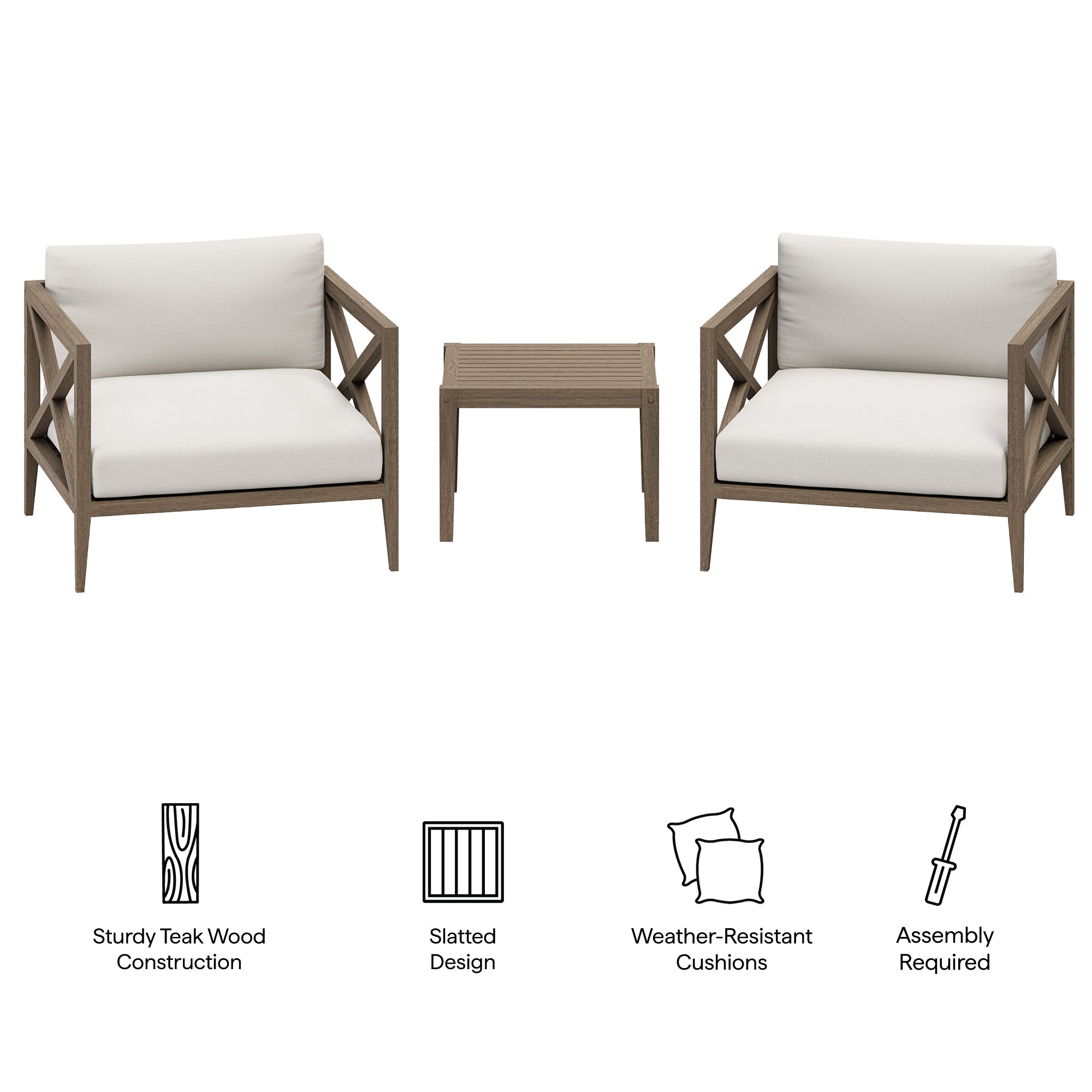 Northlake 3-Piece Outdoor Patio Teak Wood Furniture Set with Armchair and Side Table, Weathered Gray