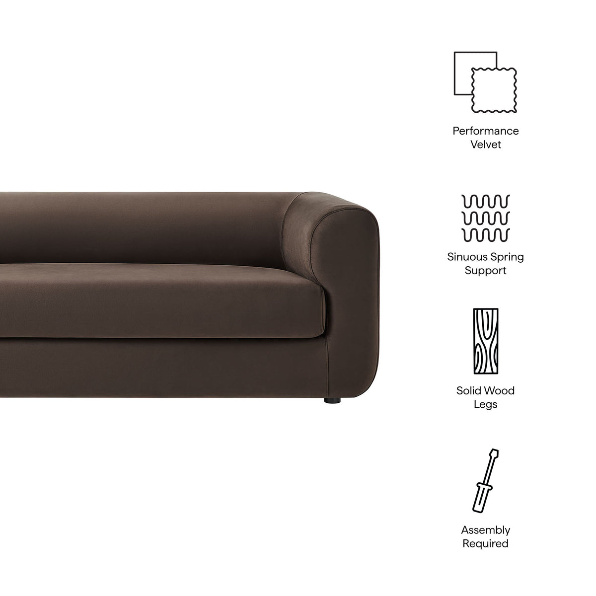 Leif 89" Performance Velvet Upholstered Sofa, Chocolate Brown