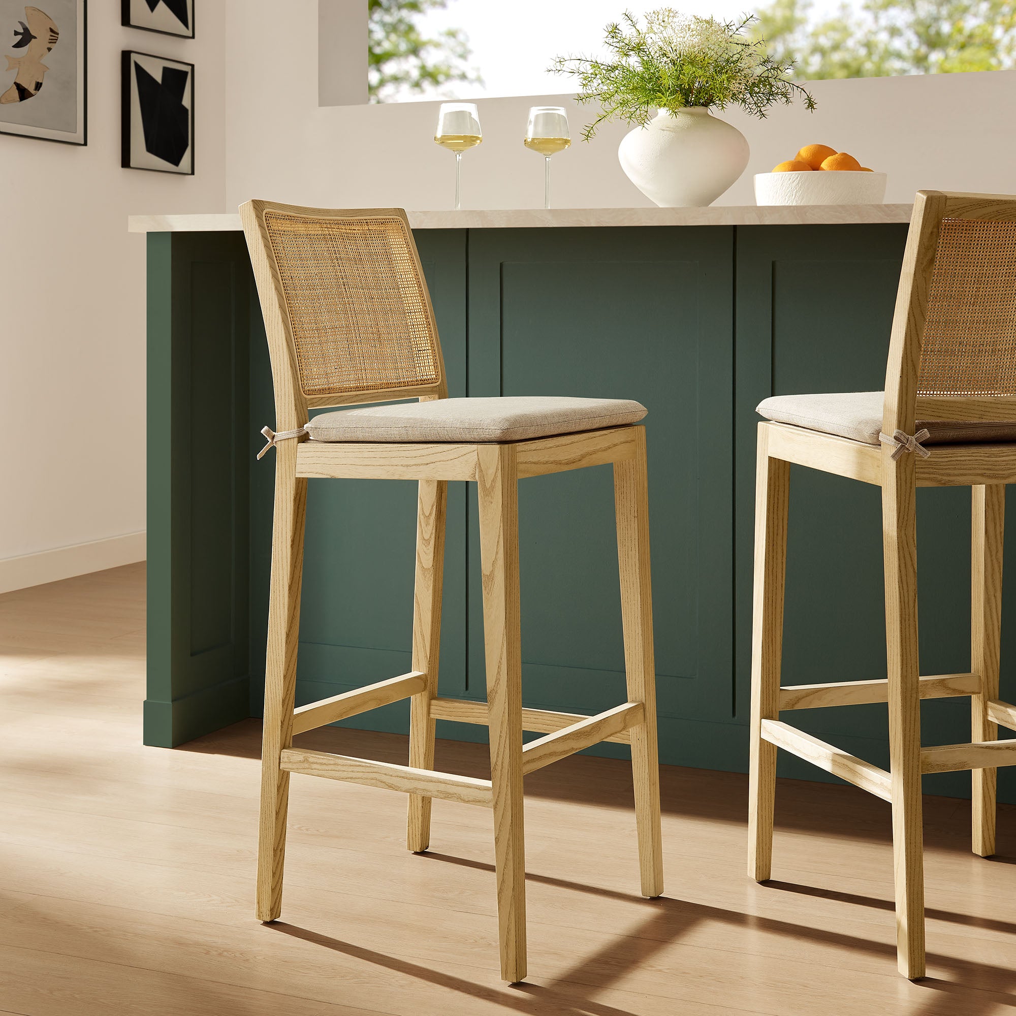 Ovard Wood and Rattan Bar Stool, Natural