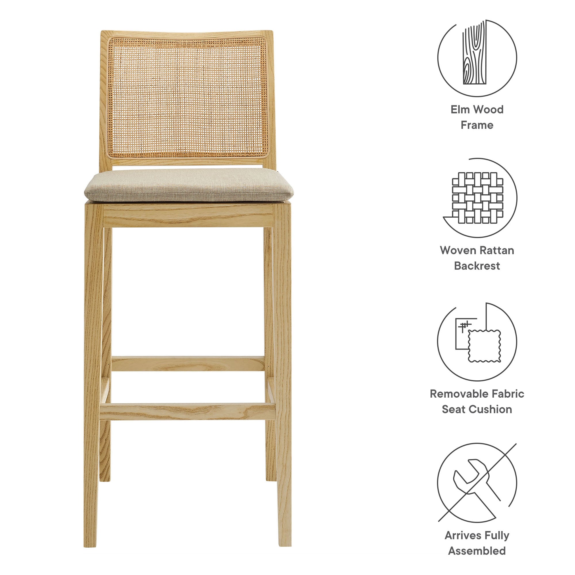 Ovard Wood and Rattan Bar Stool, Natural