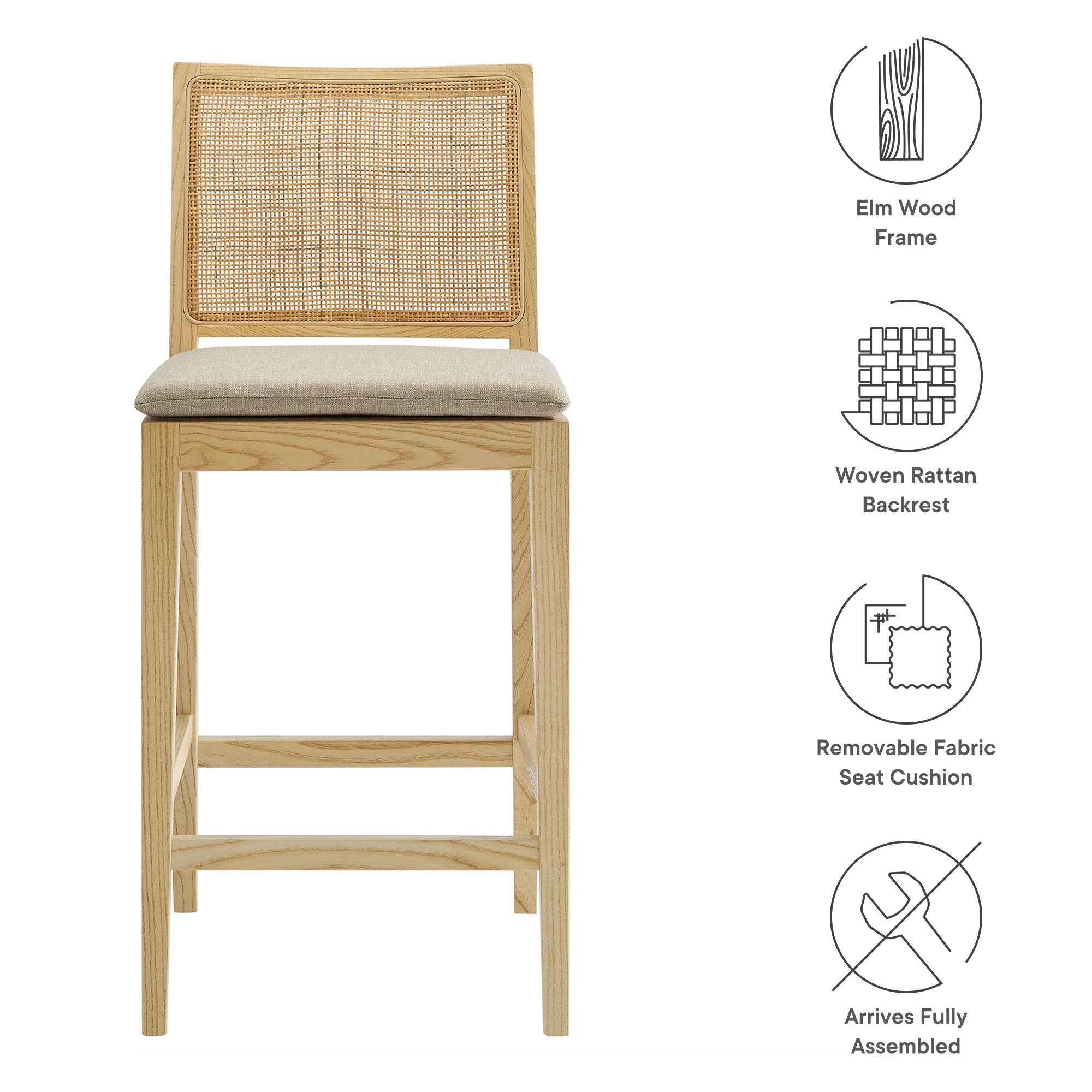 Ovard Wood and Rattan Counter Stool, Natural
