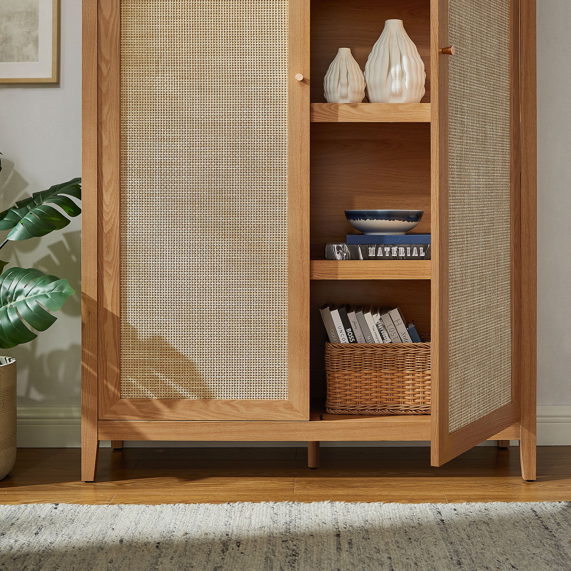 Calista 79" Tall Wide Rattan Arched Storage Cabinet, Natural