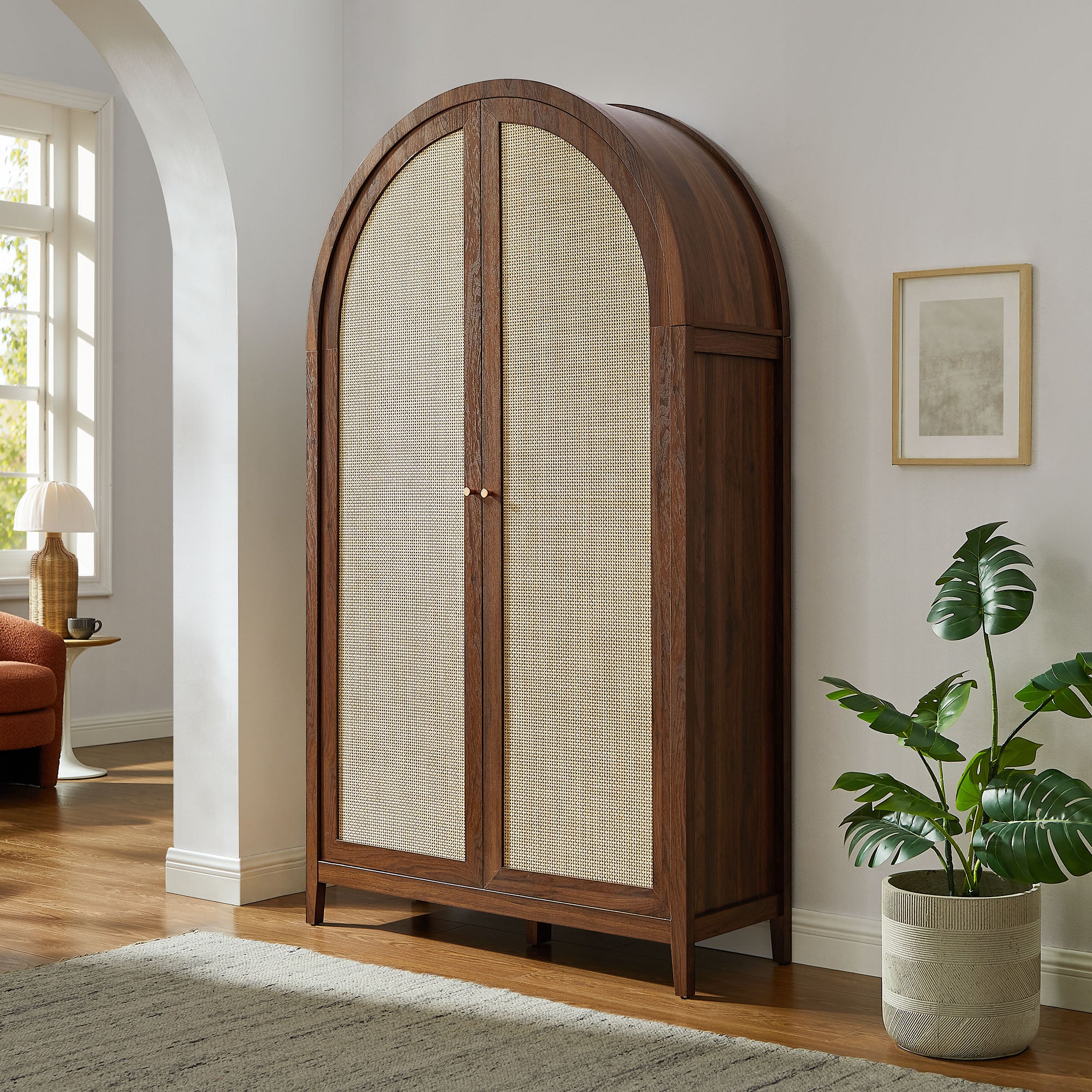 Calista 79" Tall Wide Rattan Arched Storage Cabinet, Walnut