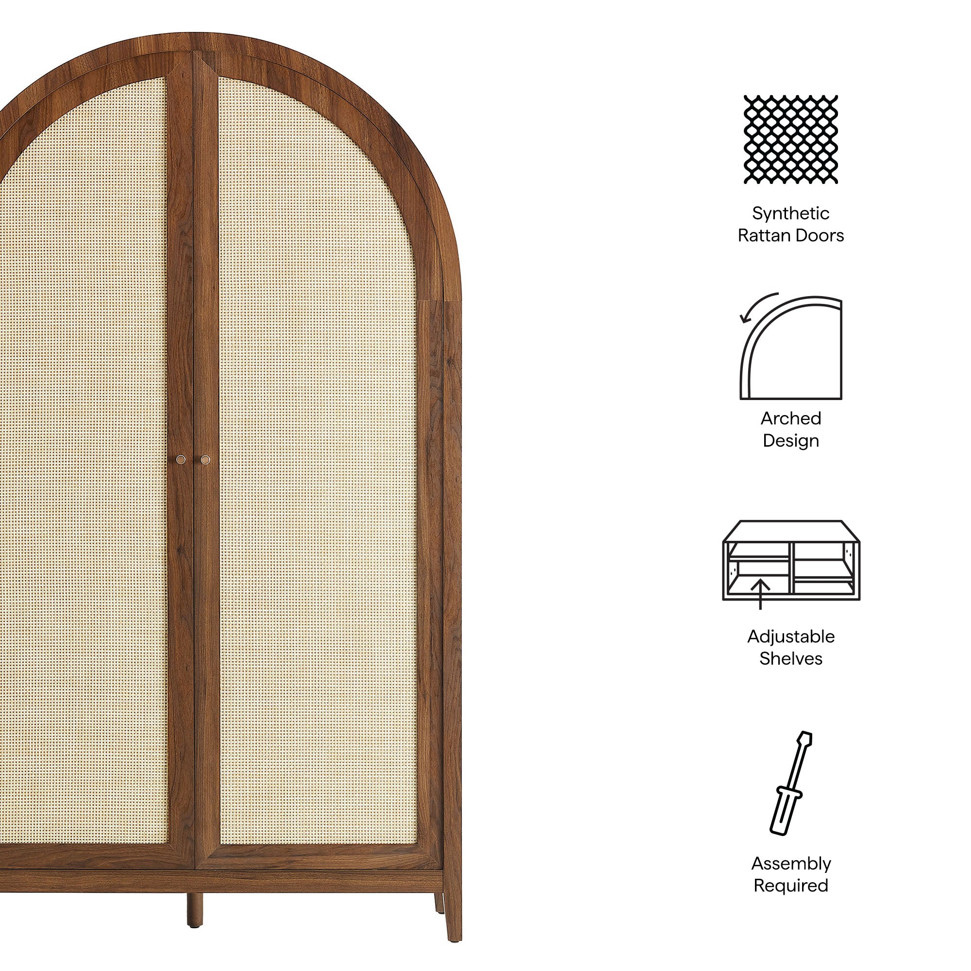 Calista 79" Tall Wide Rattan Arched Storage Cabinet, Walnut
