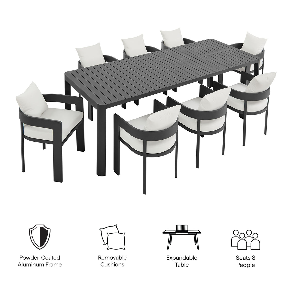 Tahoe 9-Piece Outdoor Patio Aluminum Dining Set With Extendable Table, Gray White
