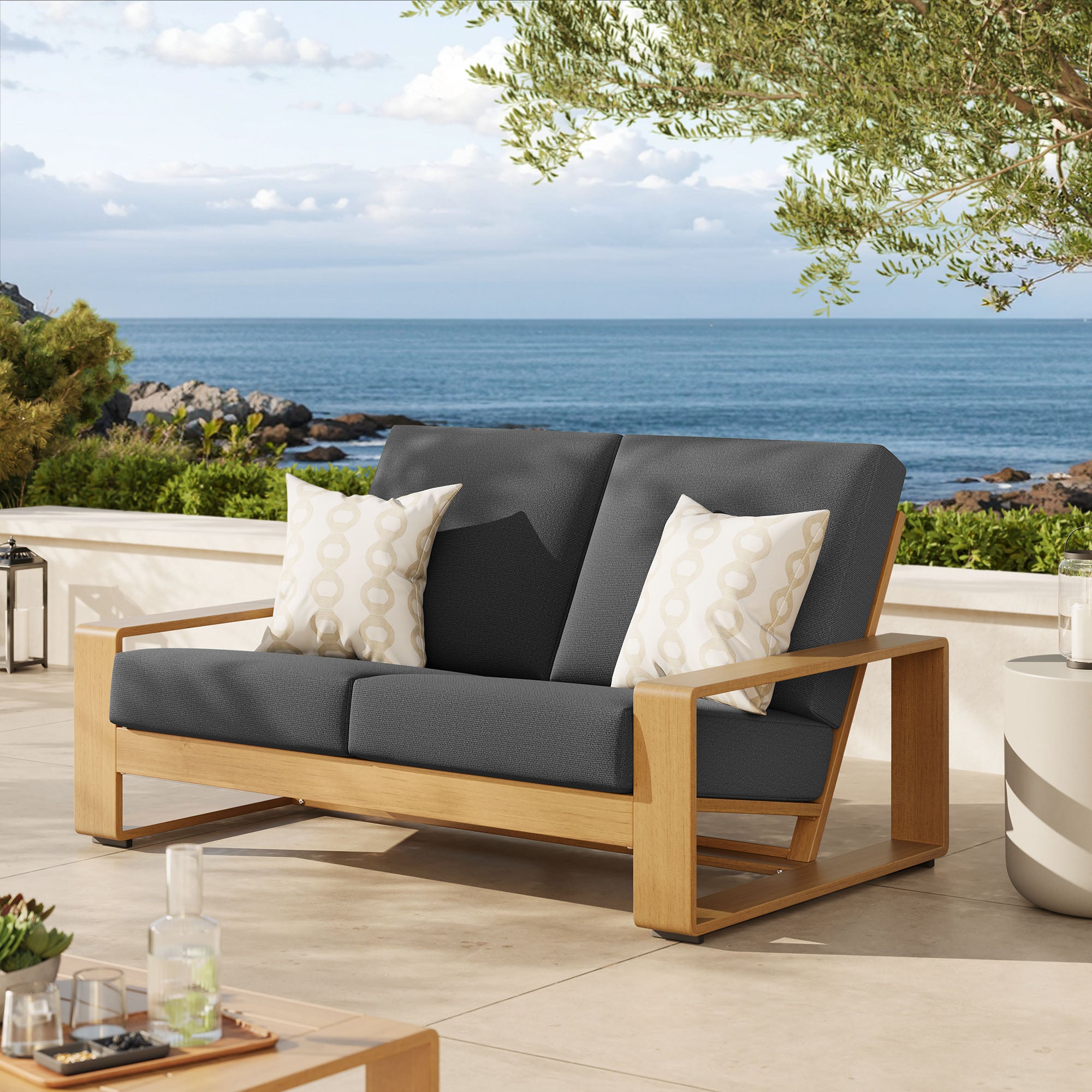 Lirienne Outdoor Patio Aluminum Faux Wood Loveseat, Charcoal Natural