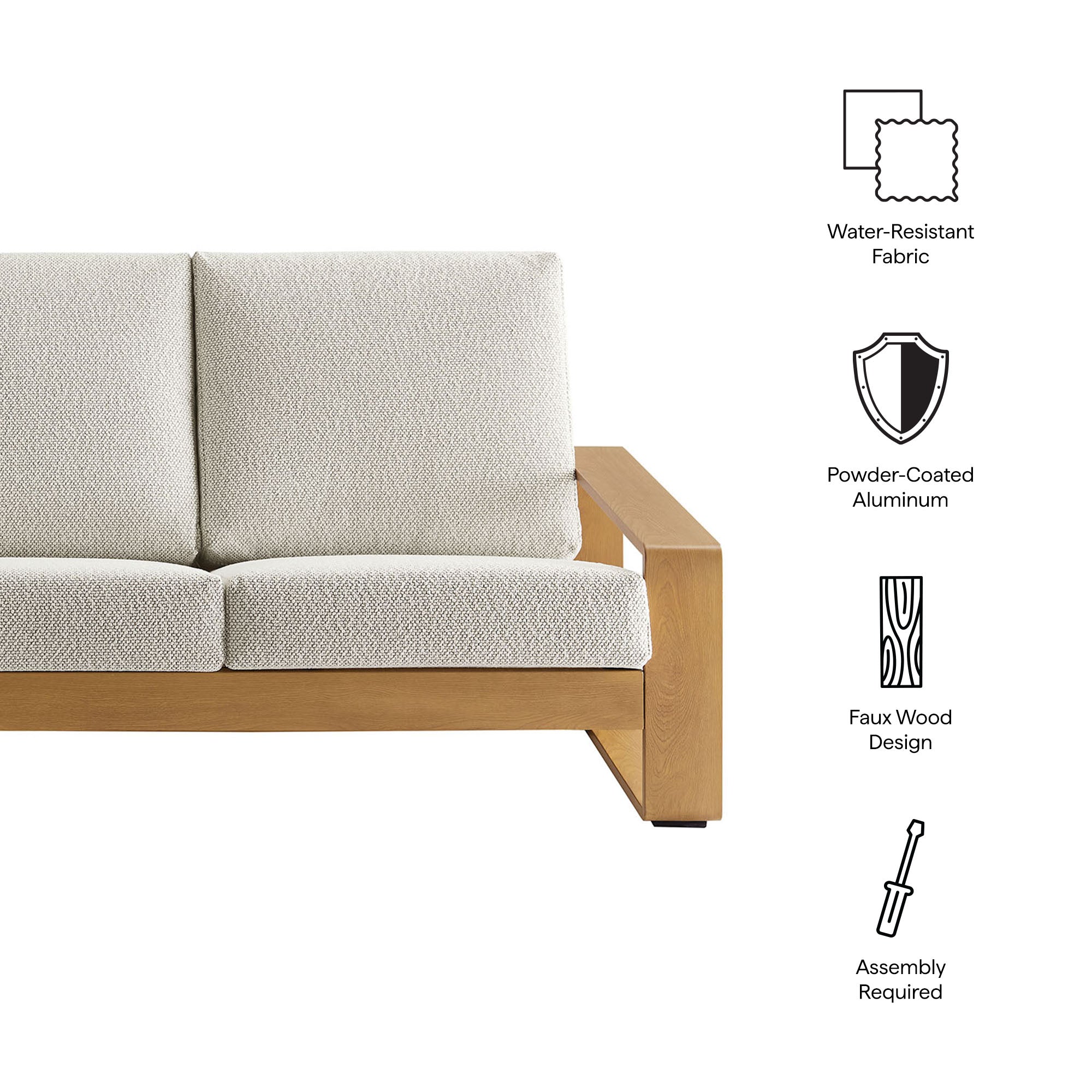 Lirienne Outdoor Patio Aluminum Faux Wood Sofa, Ivory Natural