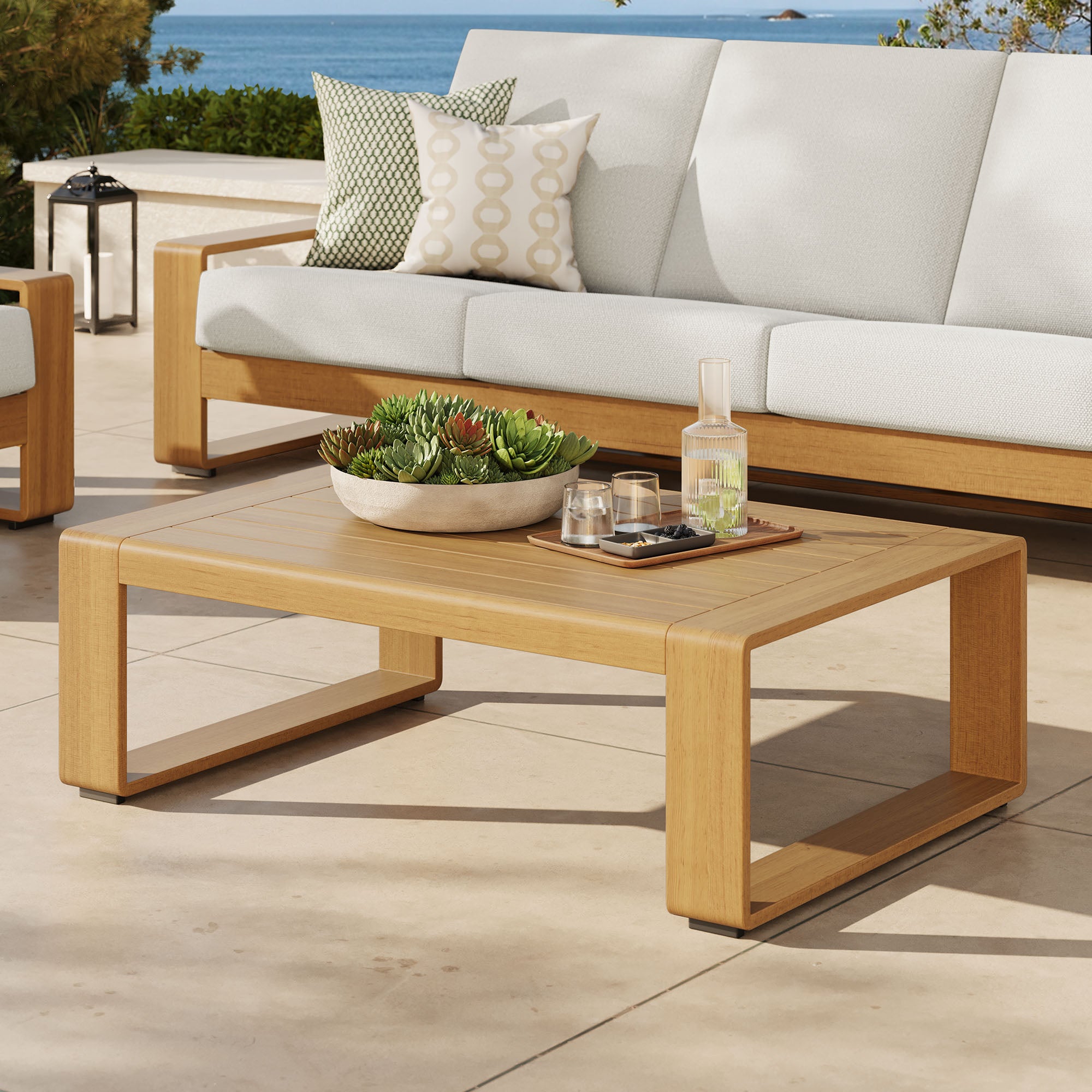 Lirienne Outdoor Patio Aluminum Faux Wood Coffee Table, Natural