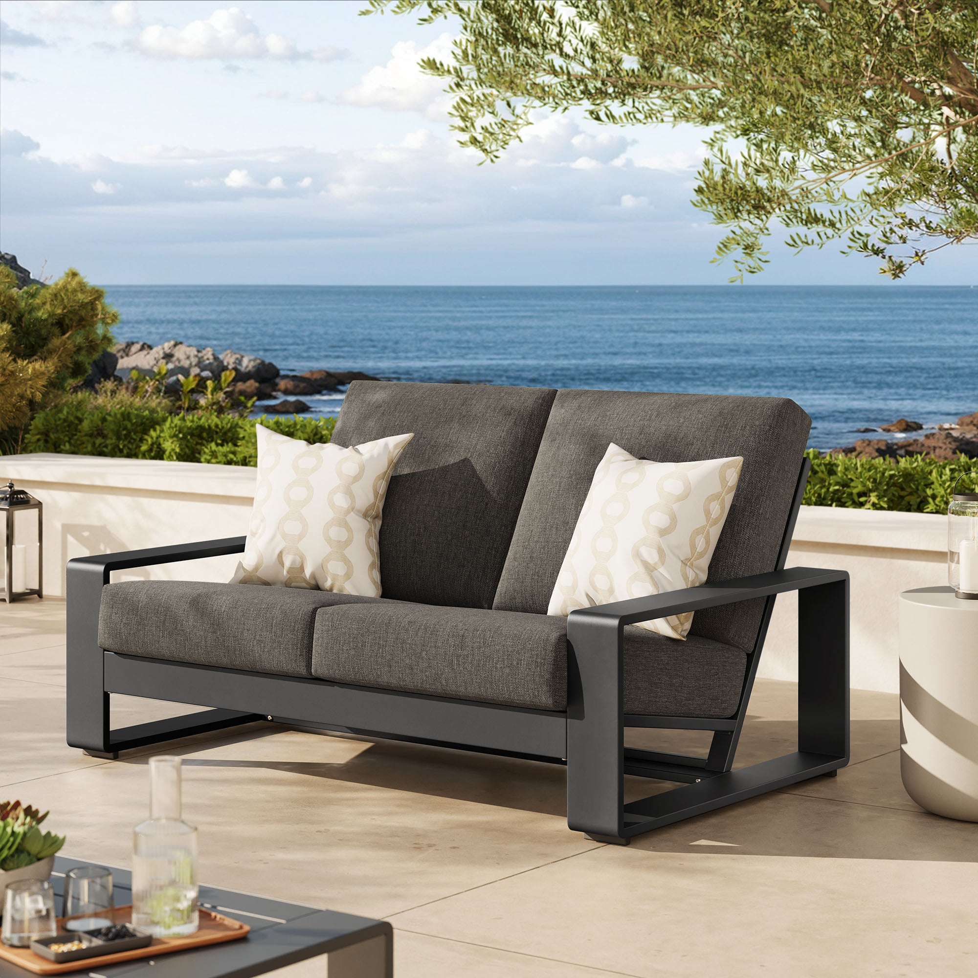 Lirienne Outdoor Patio Aluminum Loveseat, Smoke Gray