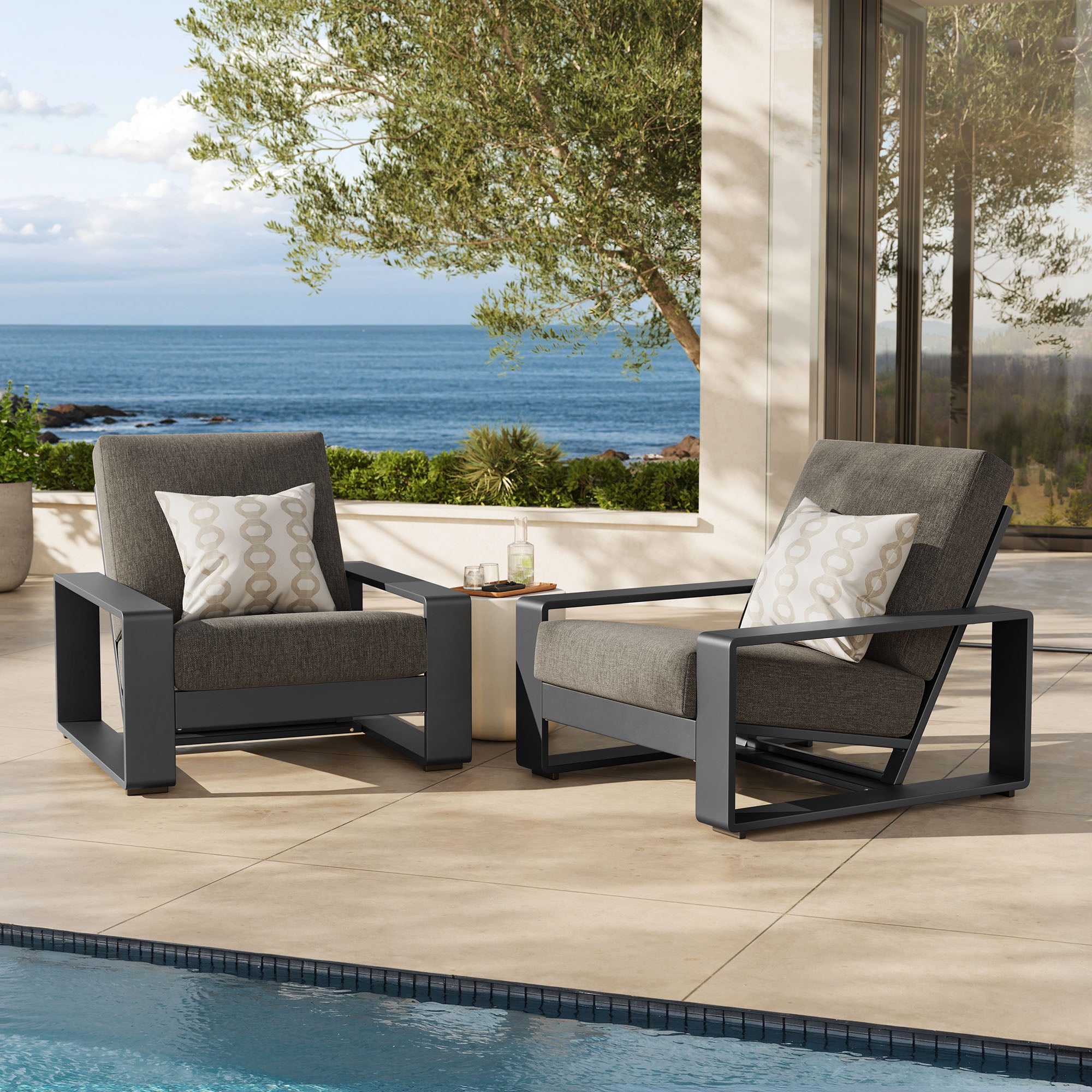 Lirienne Outdoor Patio Aluminum Faux Wood Armchairs Set of 2, Smoke