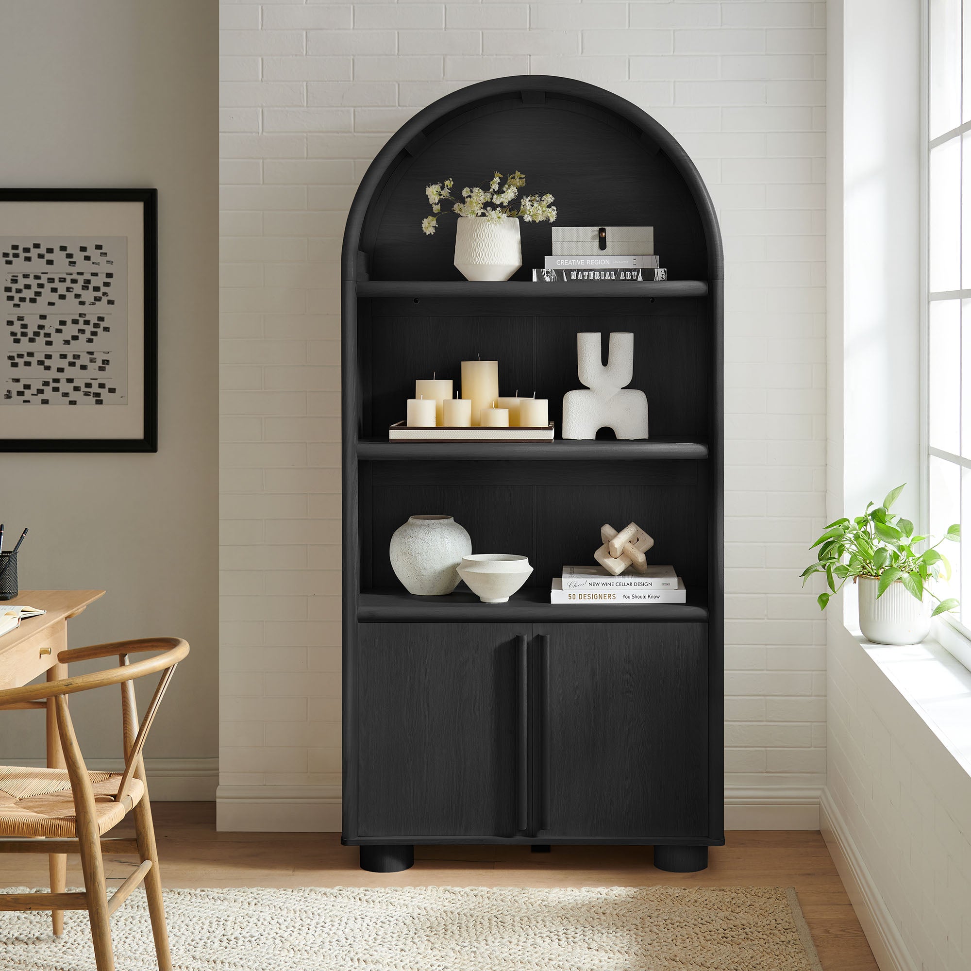 Bellamy Tall Arched Display Cabinet Bookcase, Black Oak