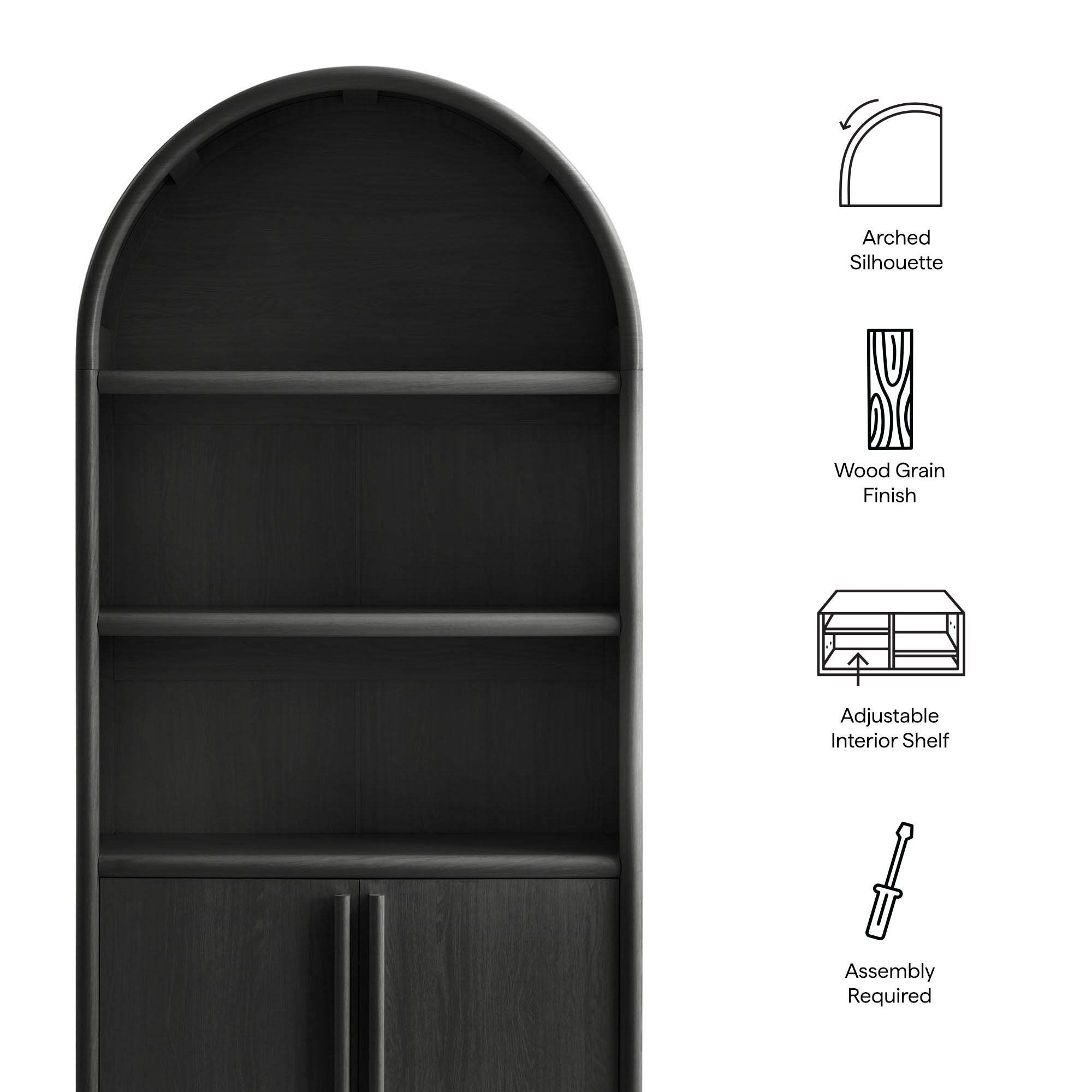 Bellamy Tall Arched Display Cabinet Bookcase, Black Oak