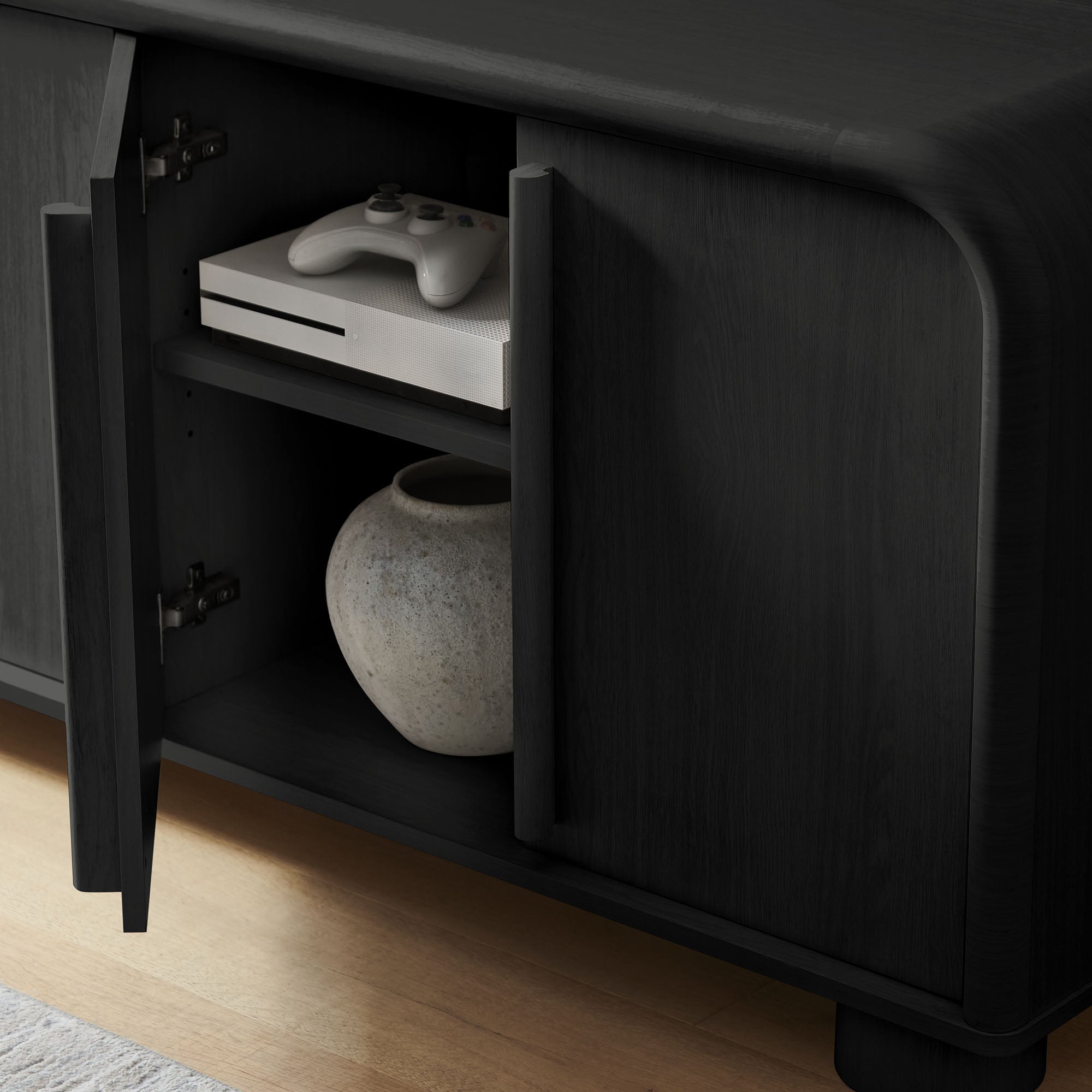 Bellamy Curved 4-Door Sideboard Cabinet, Black Oak