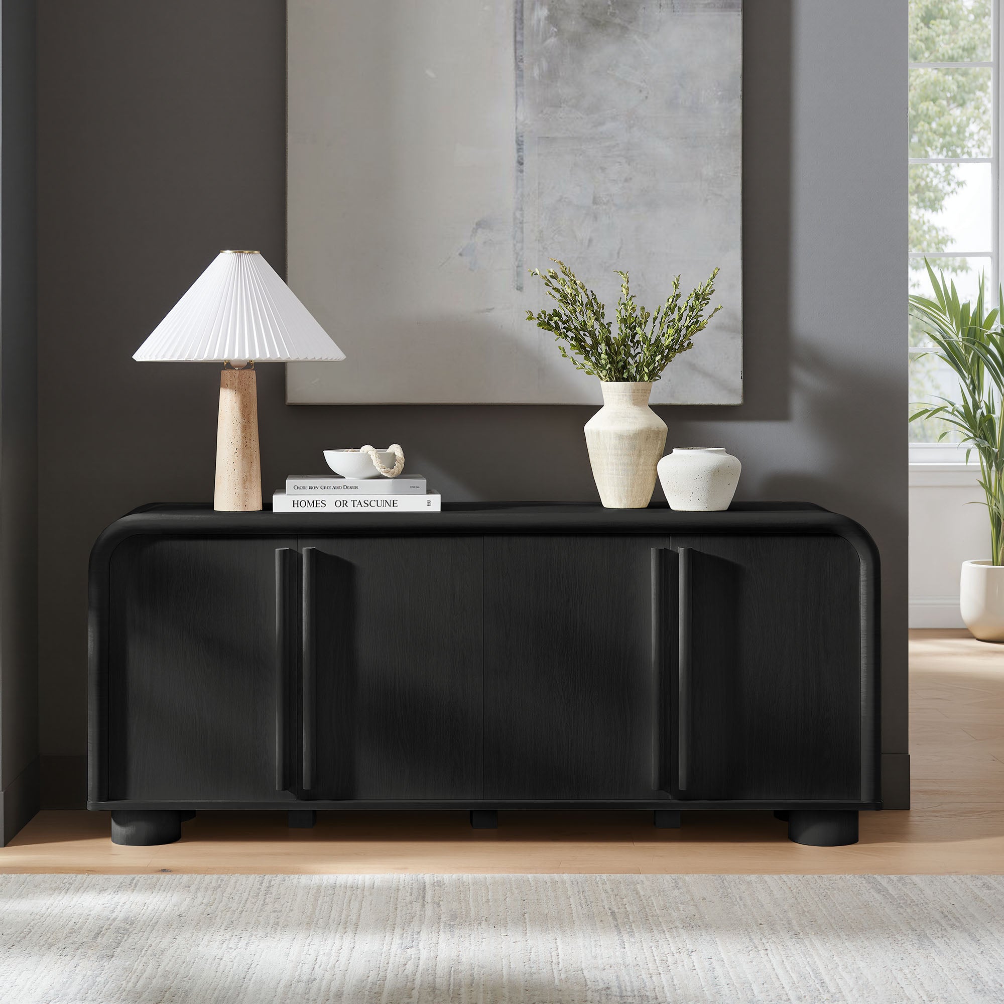 Bellamy Curved 4-Door Sideboard Cabinet, Black Oak