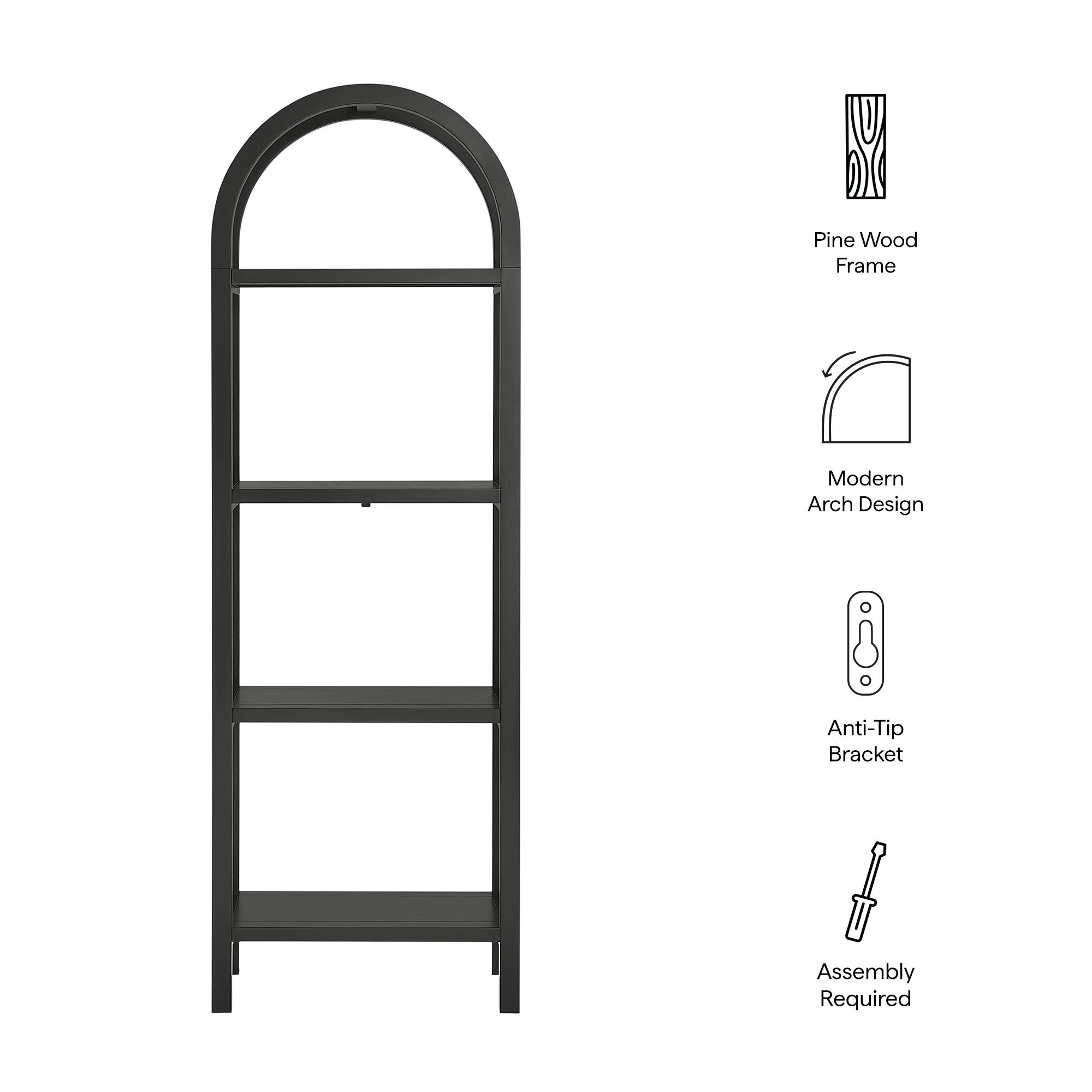 Vexley 72 Inch Tall Narrow Arched Bookshelf, Black