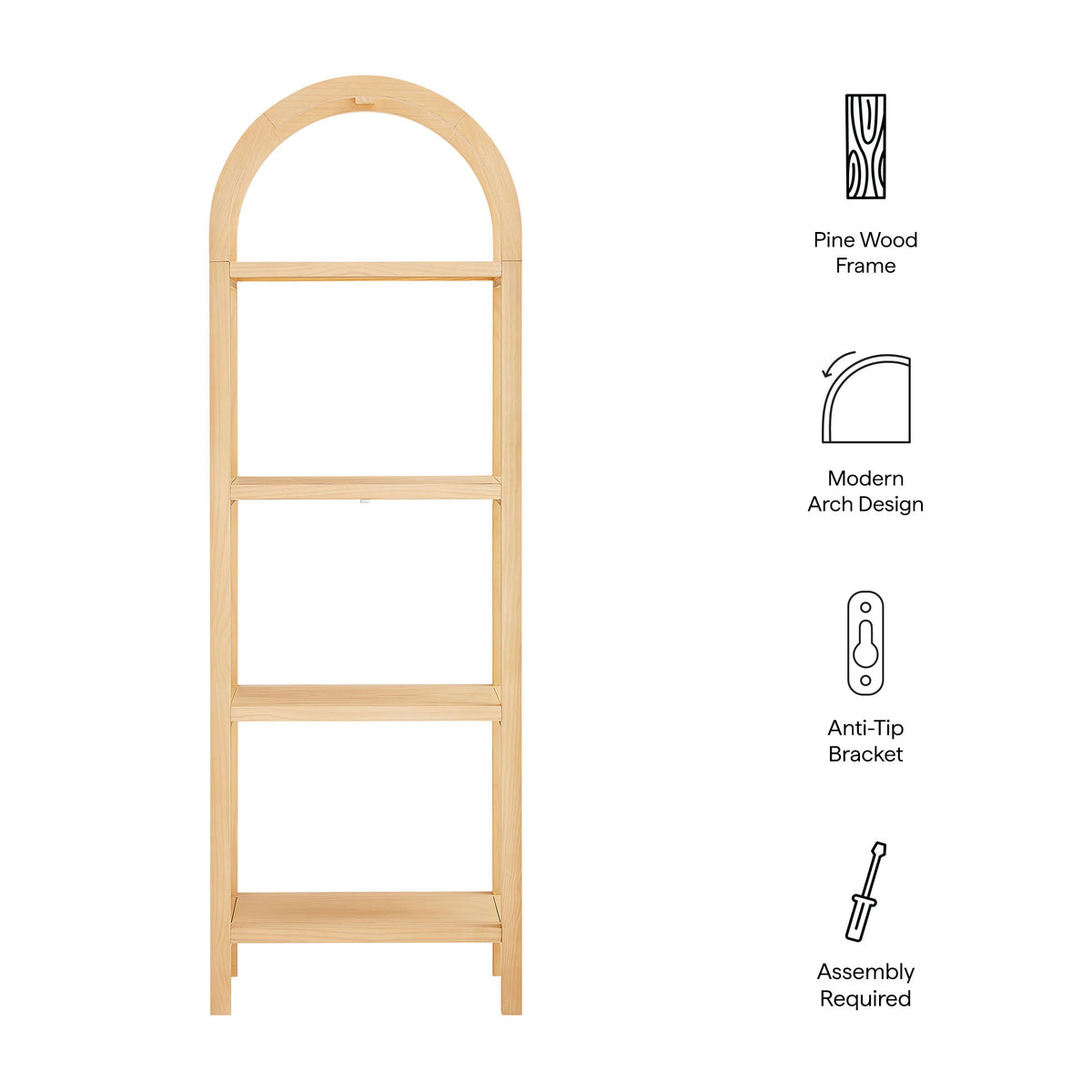 Vexley 72 Inch Tall Narrow Arched Bookshelf, Natural