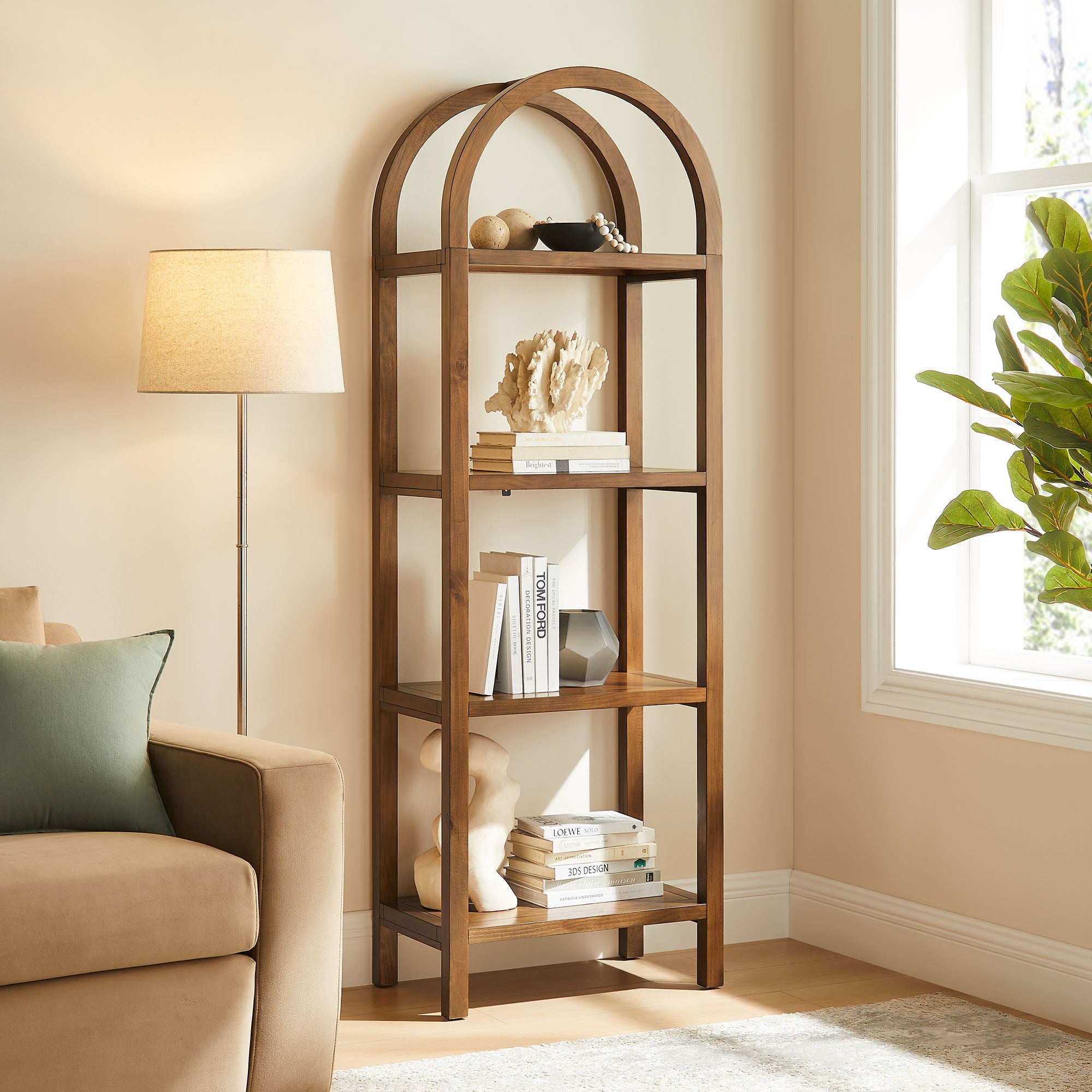 Vexley 72 Inch Tall Narrow Arched Bookshelf, Walnut