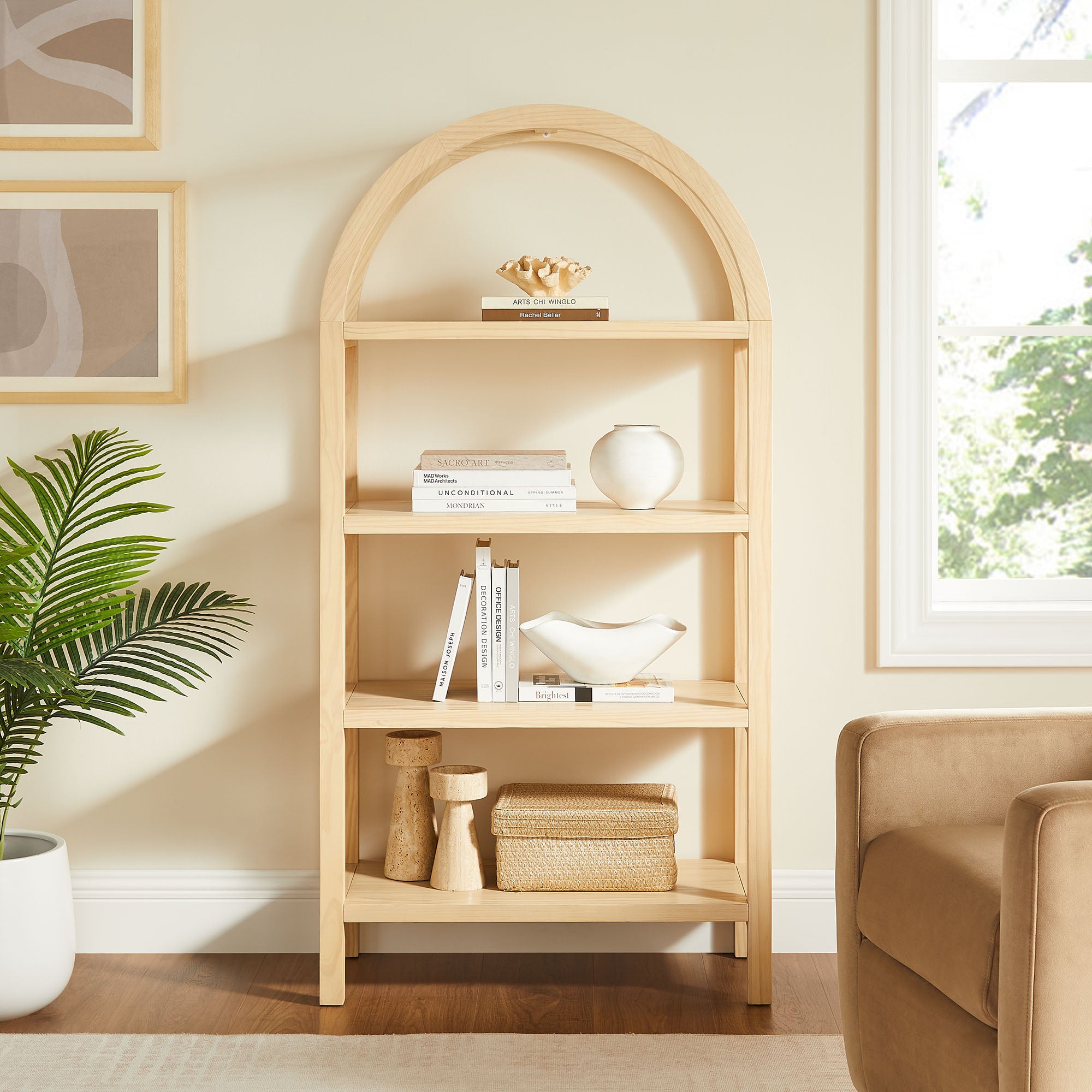 Vexley 60 Inch Arched Bookshelf, Natural