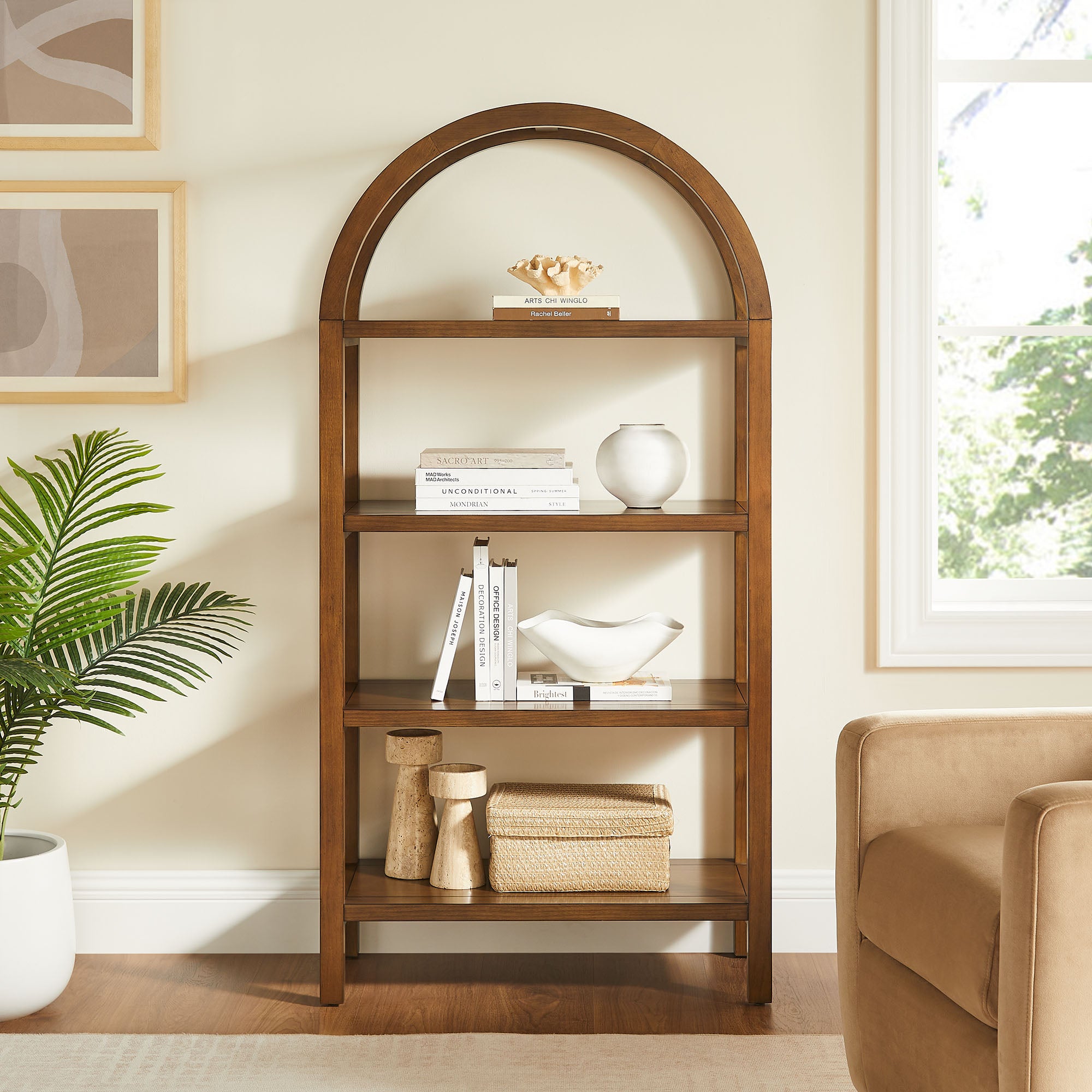 Vexley 60 Inch Arched Bookshelf, Walnut