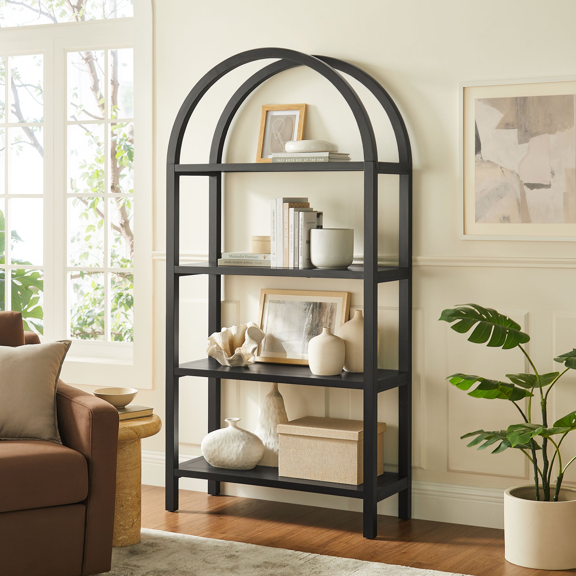Vexley 72 Inch Large Arched Bookshelf, Black