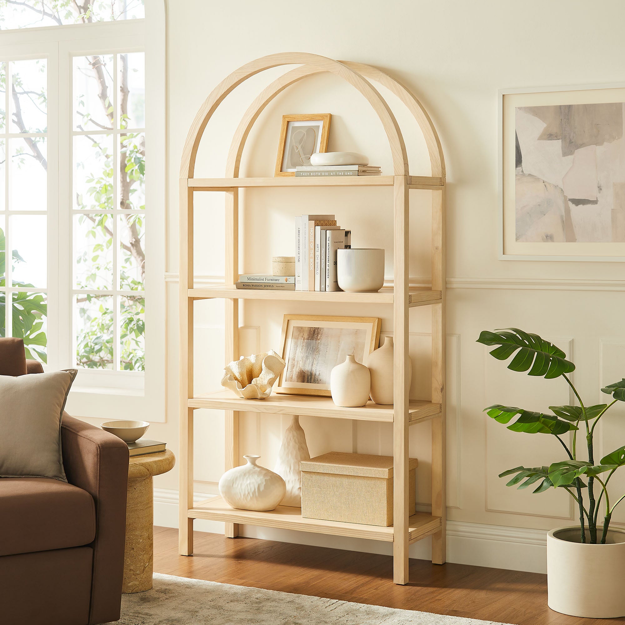 Vexley 72 Inch Large Arched Bookshelf, Natural