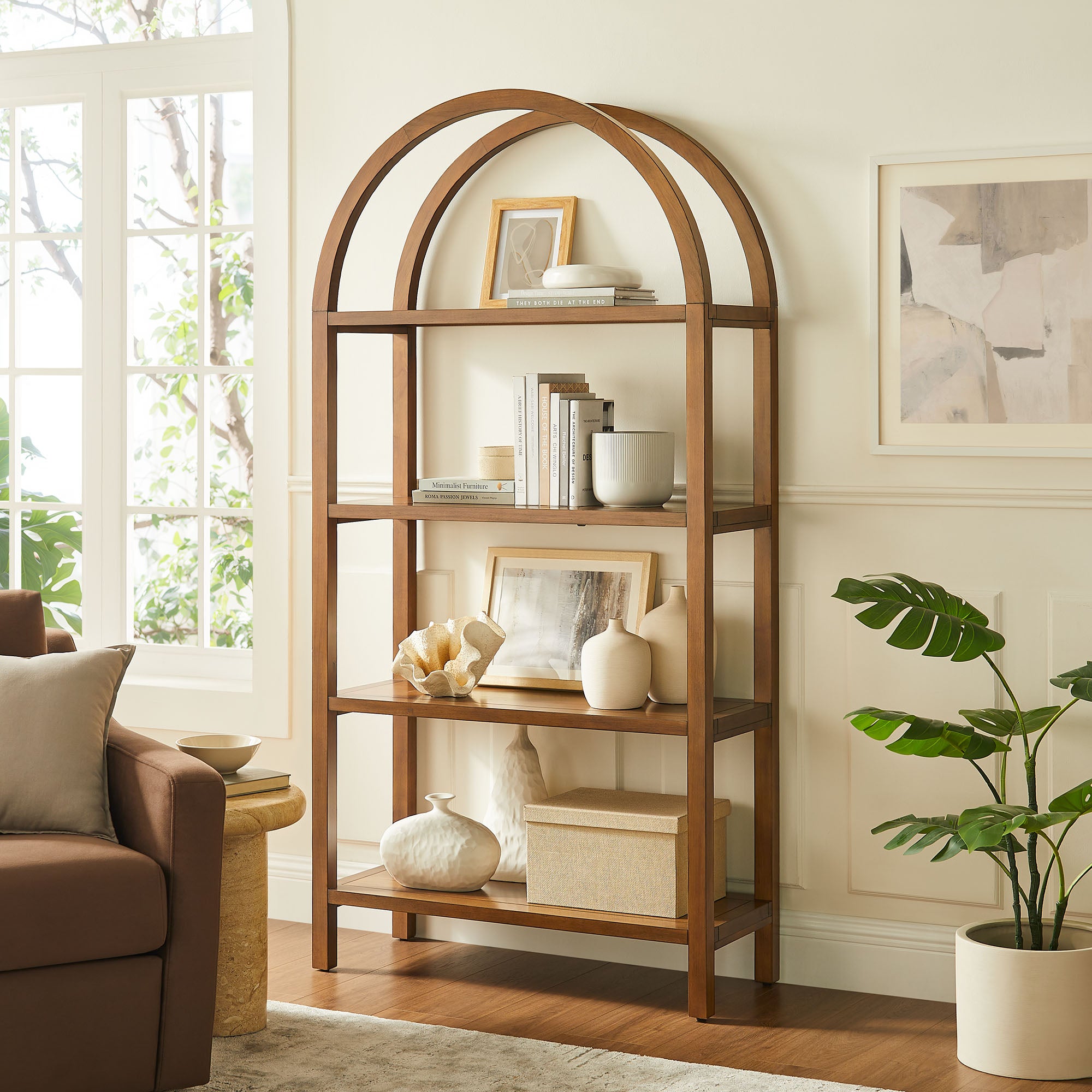 Vexley 72 Inch Large Arched Bookshelf, Walnut