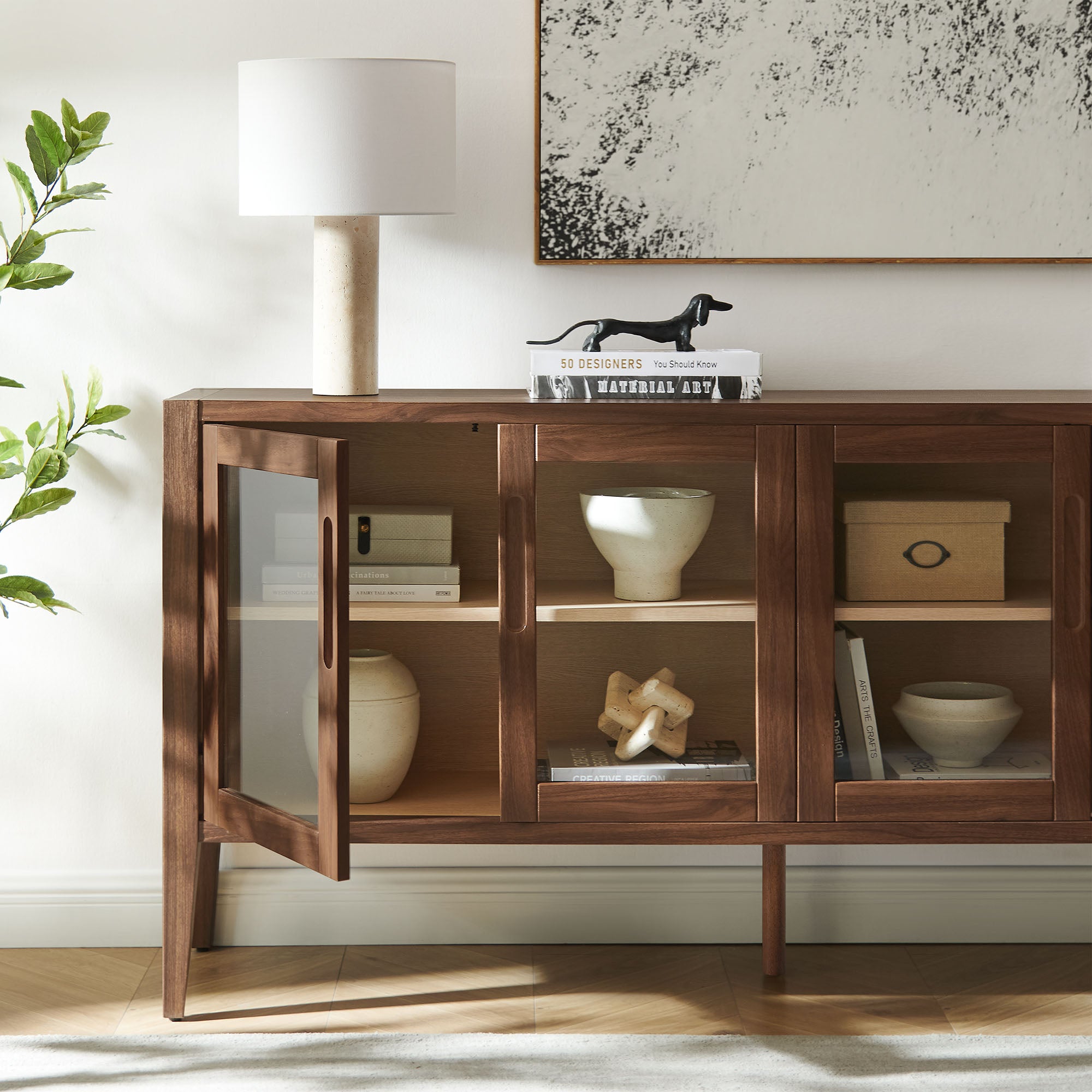 Nell 72" Glass Door Sideboard Storage Display Cabinet, Walnut