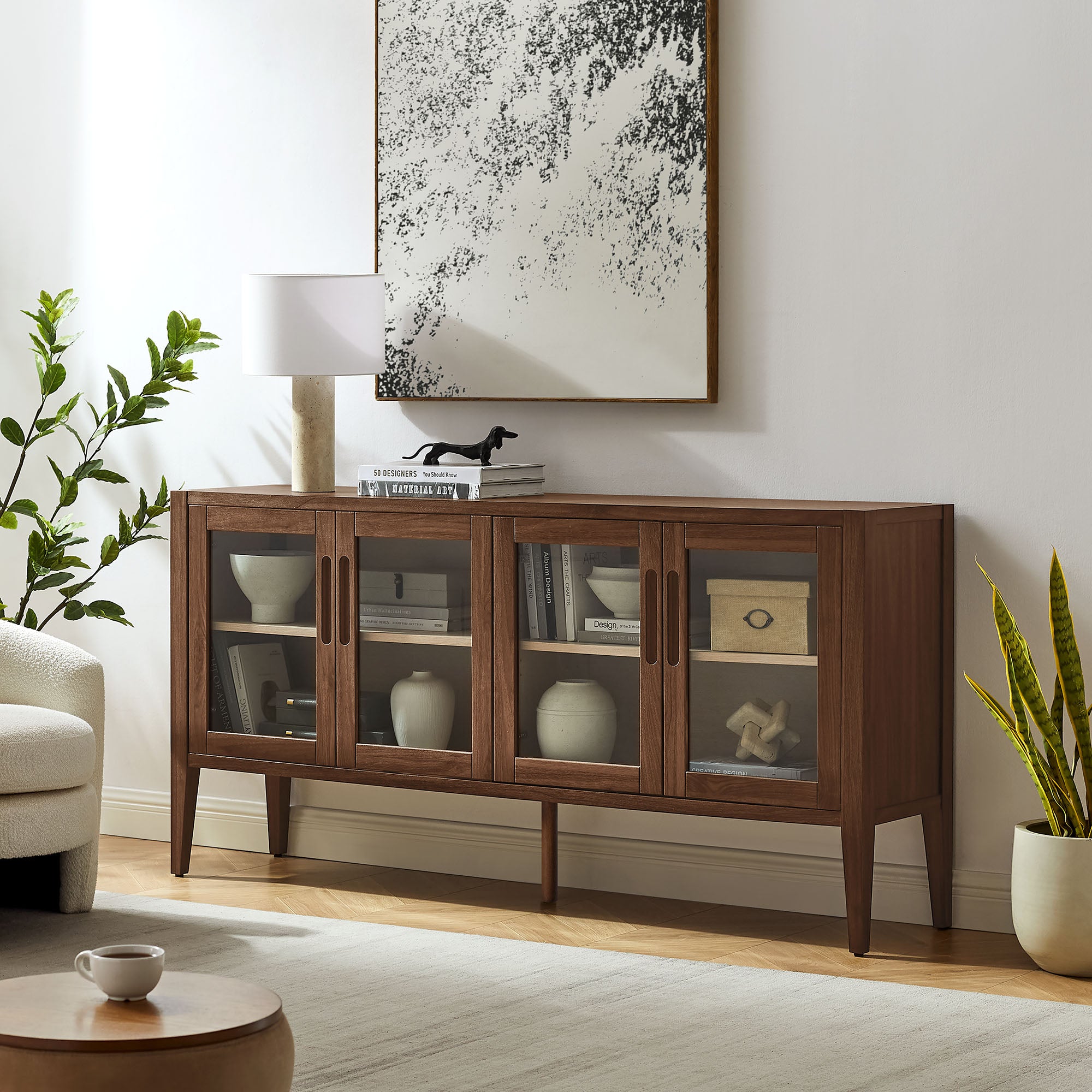 Nell 72" Glass Door Sideboard Storage Display Cabinet, Walnut