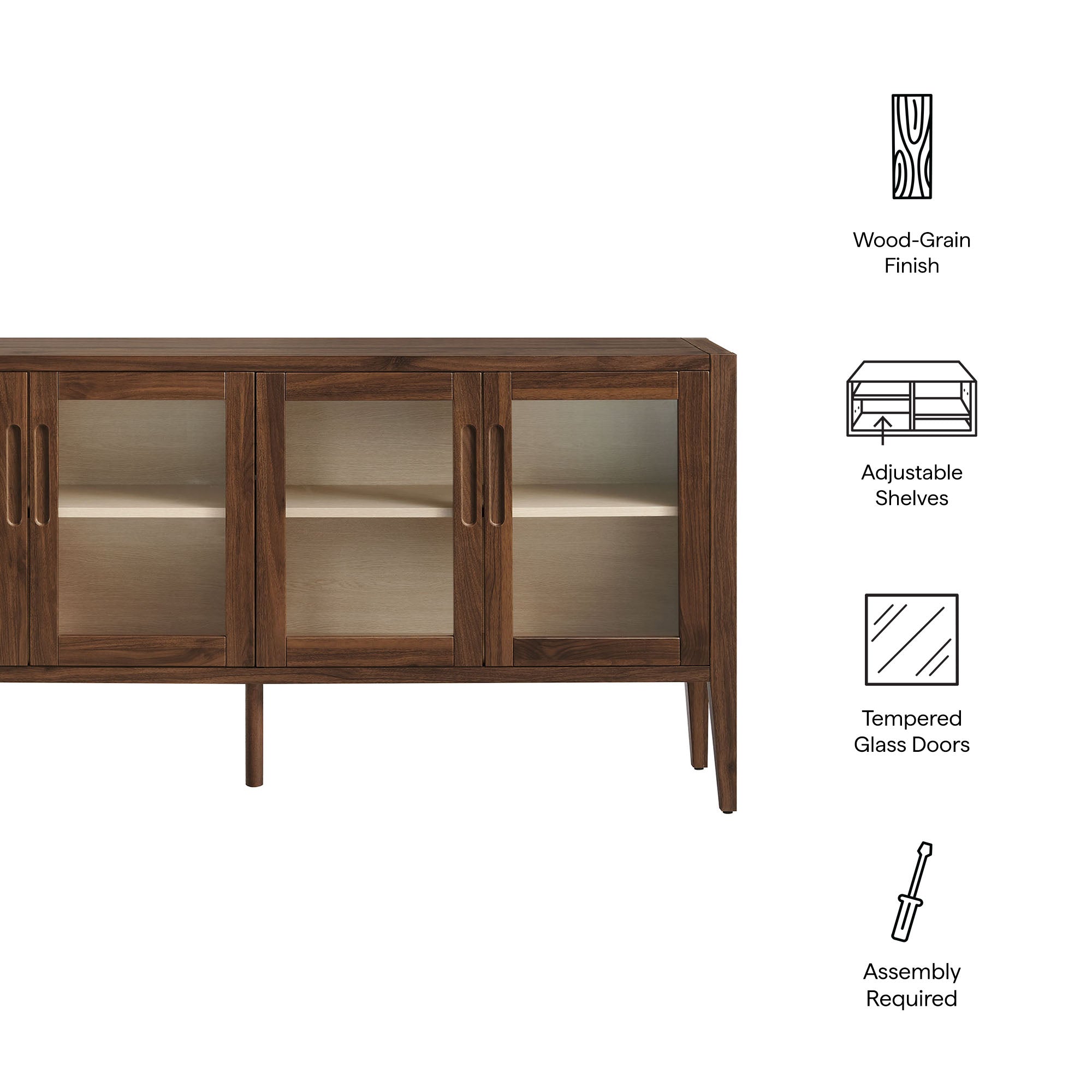 Nell 72" Glass Door Sideboard Storage Display Cabinet, Walnut