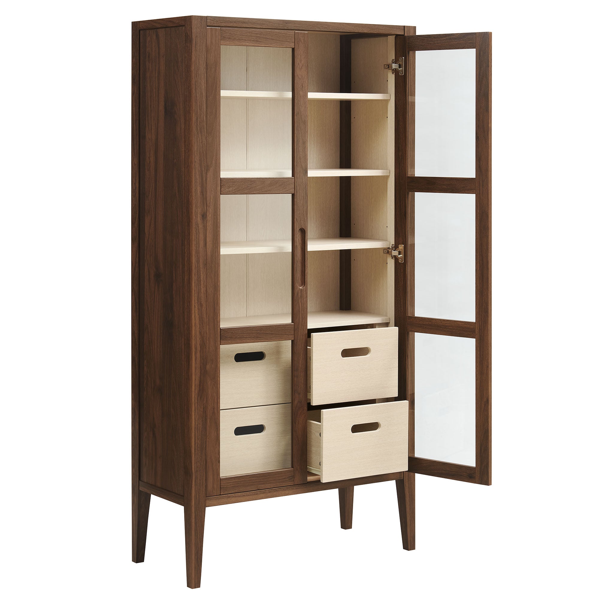 Nell 71" Glass Door Tall Display Storage Cabinet, Walnut