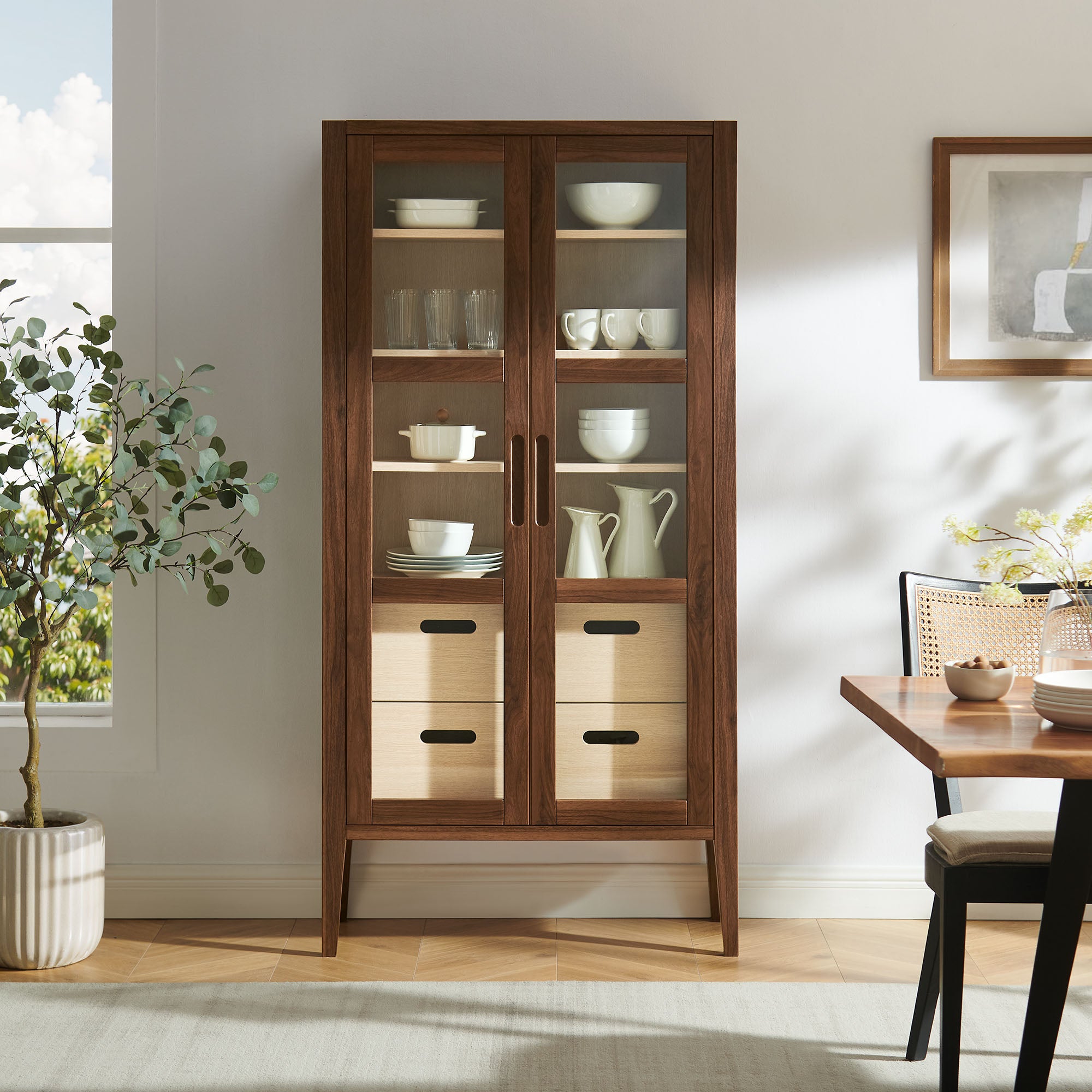 Nell 71" Glass Door Tall Display Storage Cabinet, Walnut