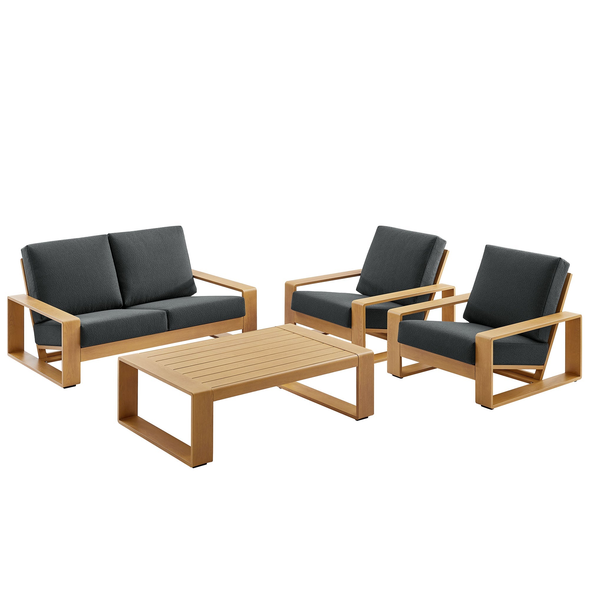 Lirienne 4-Piece Outdoor Patio Aluminum Faux Wood Furniture Set, Charcoal Natural