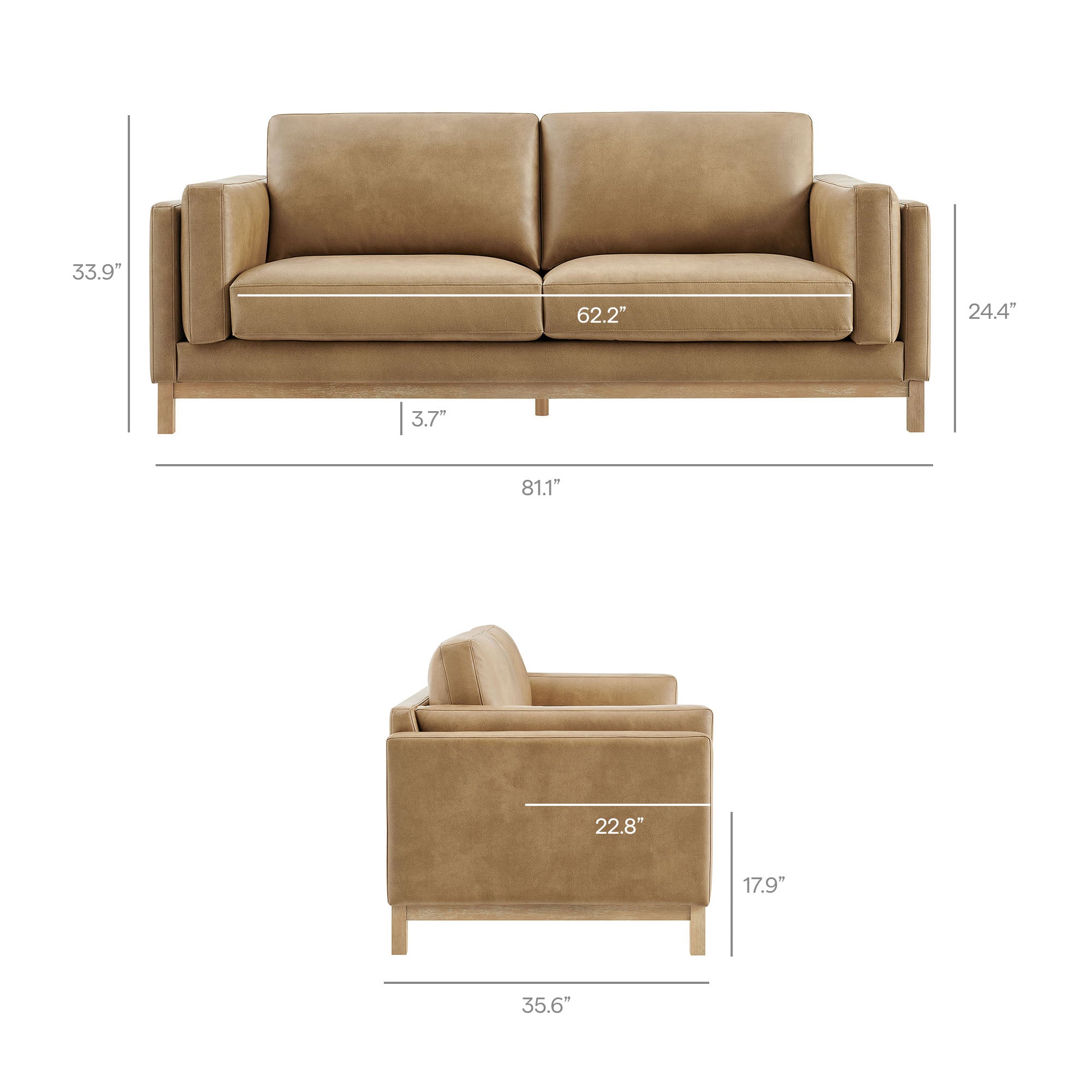 Roscoe 81 inch Vegan Leather Sofa, Toast